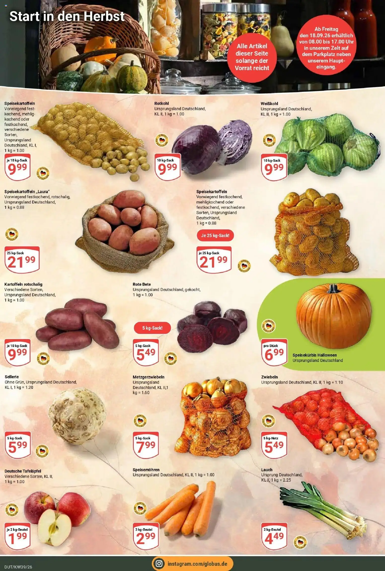 Globus Prospekt Wetzlar-Dutenhofen (ab 21.09.2026) » Angebote online | Seite: 9 | Produkte: Rotkohl, Kartoffeln, Zwiebeln, Lauch
