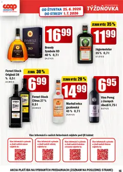 COOP Jednota leták platný od 25.06.2026 | Strana: 15 | Produkty: Jägermeister, Víno, Brandy, Whisky