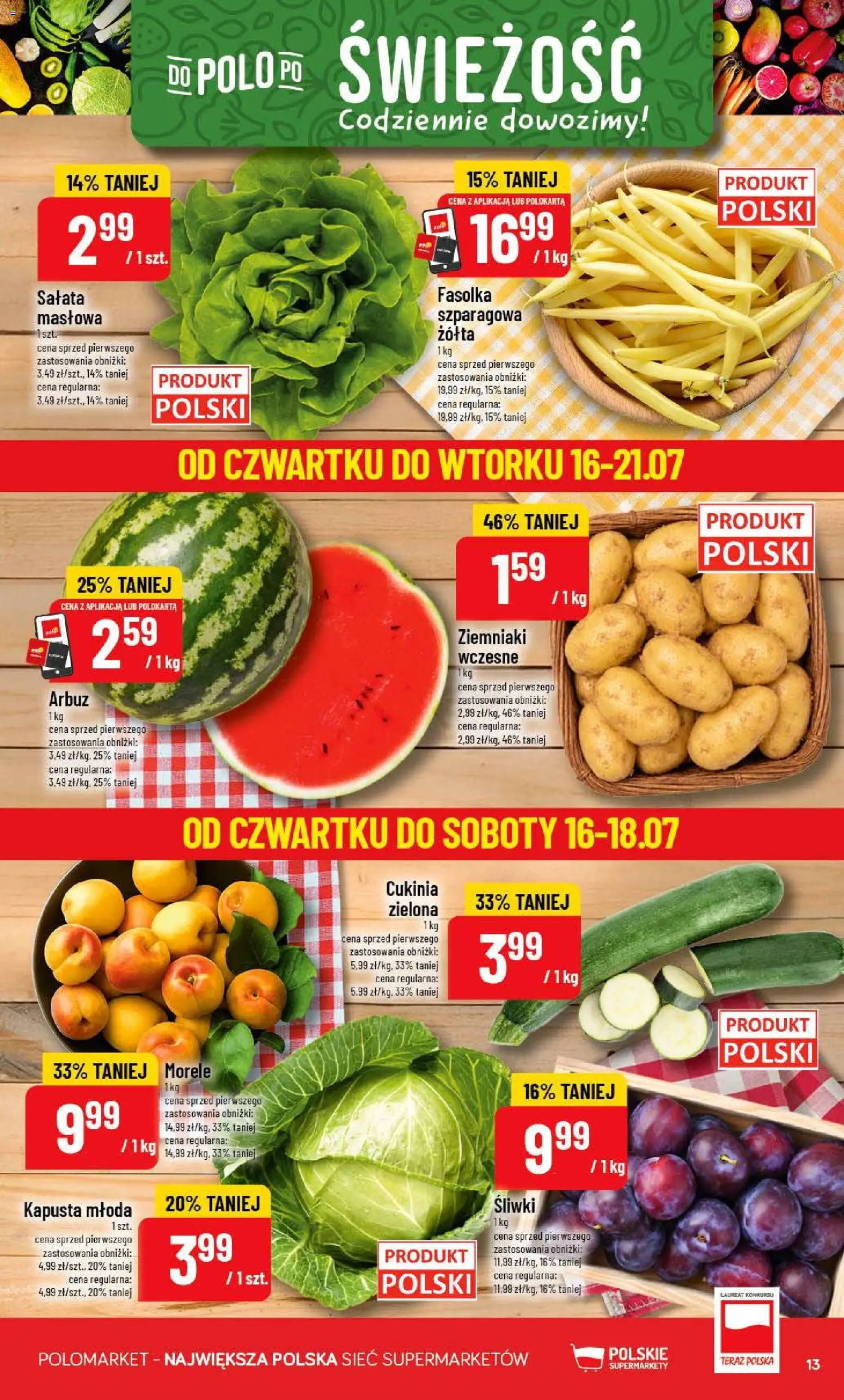 POLOmarket gazetka od 15.07.2026 | Strona: 13 | Produkty: Kapusta, Arbuz, Cukinia, Morele