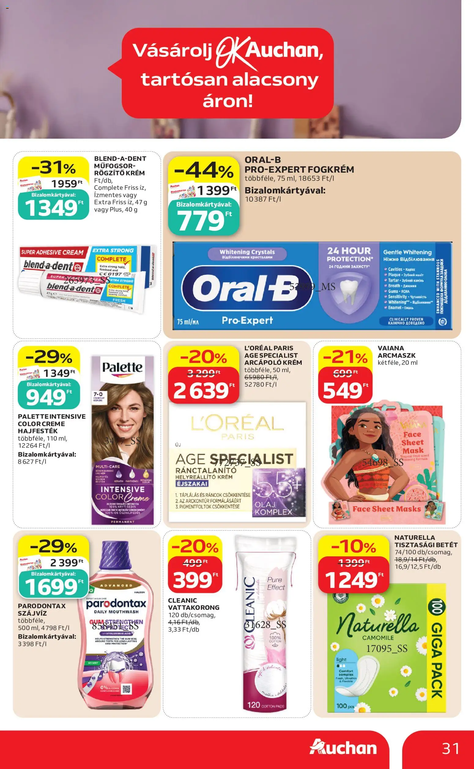 Auchan akciós ujság - amely érvényes a következő dátumtól: 18.06.2026 | Oldal: 31 | Termékek: Tisztasági betét, Hajfesték, Olaj, Szájvíz