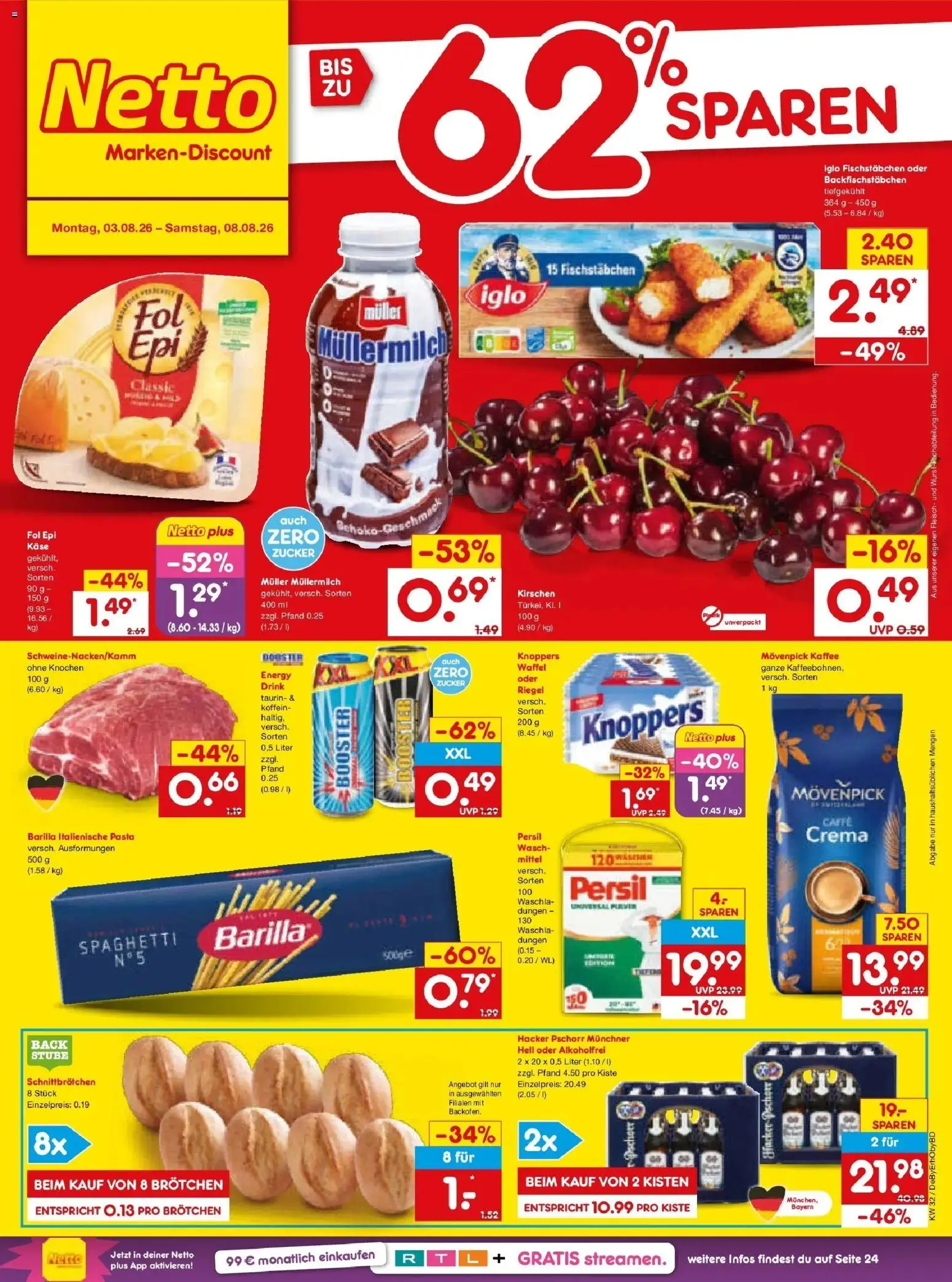 Netto Marken-Discount Prospekt Velden – gültig ab 03.08.2026 | Seite: 1 | Produkte: Barilla, Iglo, Movenpick kaffee, Fleisch
