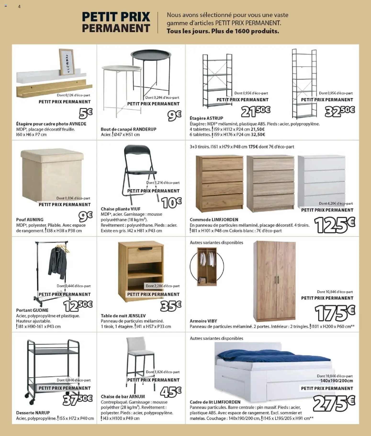 {H1} | Page: 4 | Produits: Lit, Sommier, Étagère, Chaise
