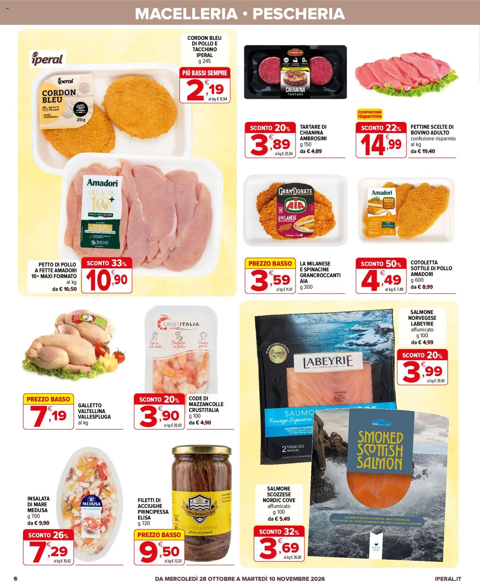 Volantino Iperal del 28/10/2026 | Pagina: 6 | Prodotti: Petto di Pollo, Salmone, Mazzancolle, Basso