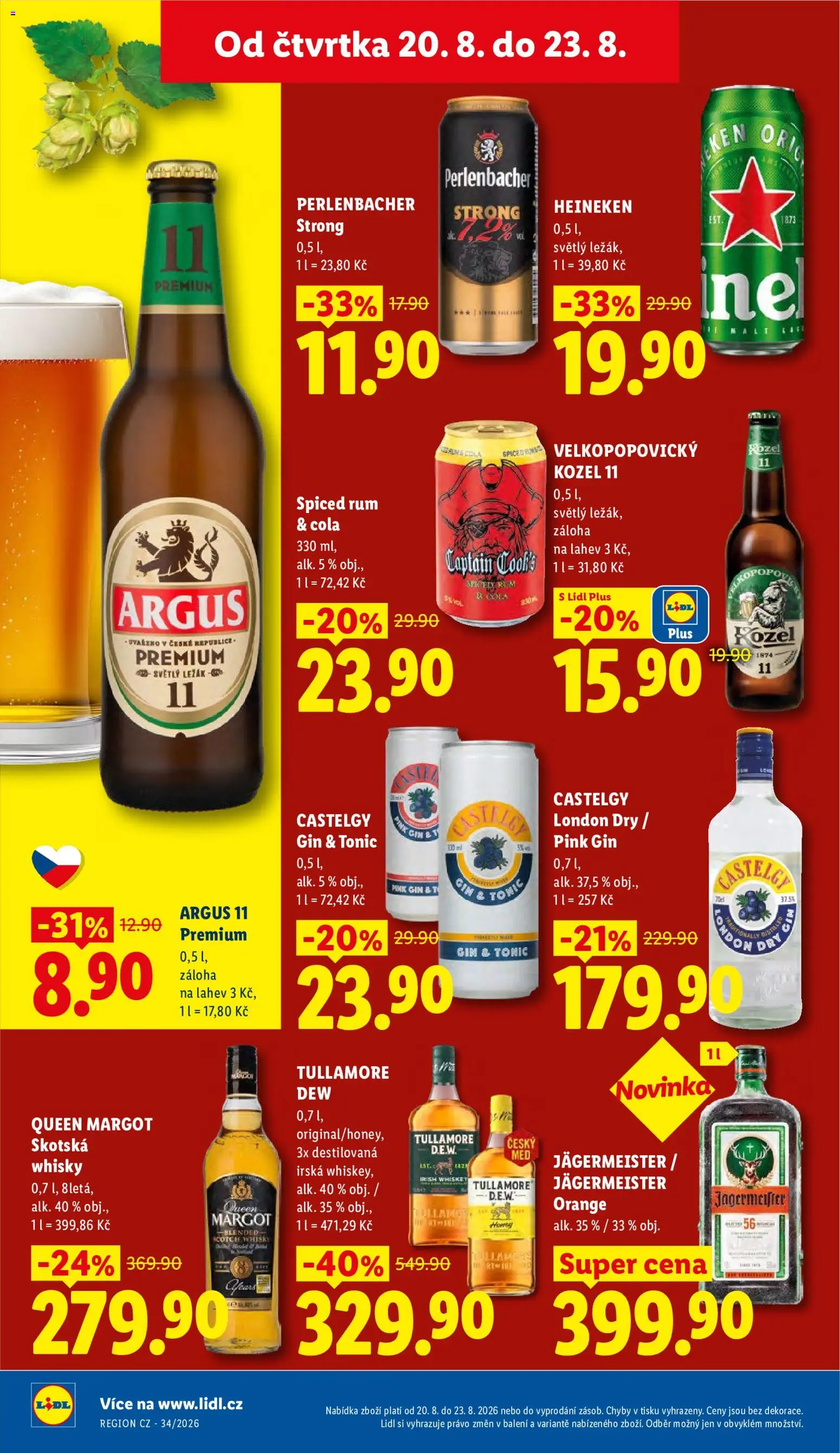 Lidl leták od 20.08.2026 | Strana: 26 | Produkty: Heineken, Gin, Argus, Whisky