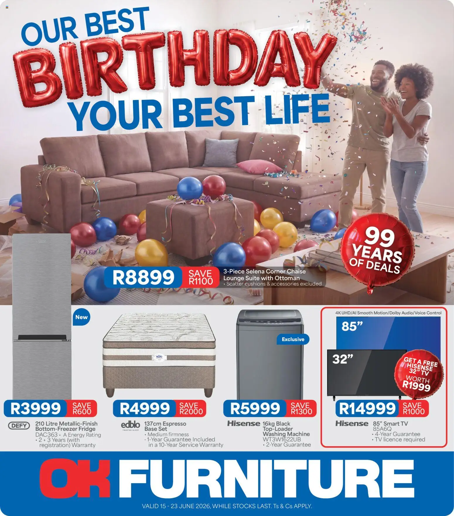 New OK Furniture catalogue – valid from 15.06.2026 | Page: 1 | Products: Washing machine, TV, Fridge, Lounge suite
