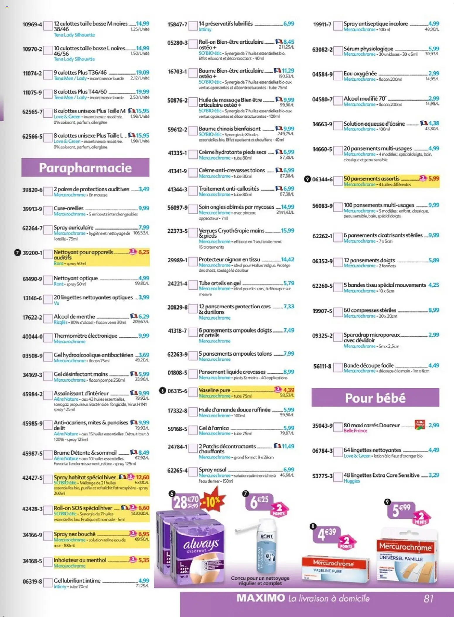 {H1} | Page: 81 | Produits: Préservatifs, Always, Sérum physiologique, Crème