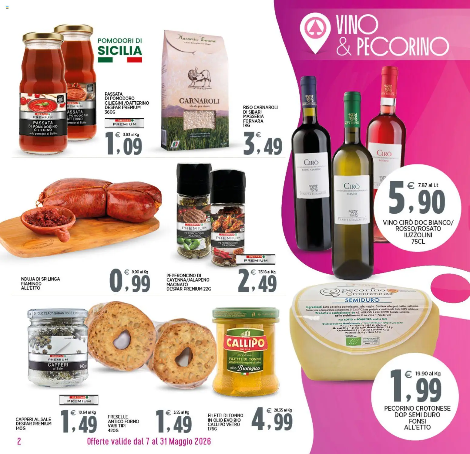 Volantino Interspar del 07.05.2026 | Pagina: 2 | Prodotti: Riso Carnaroli, Riso, Tonno, Pecorino