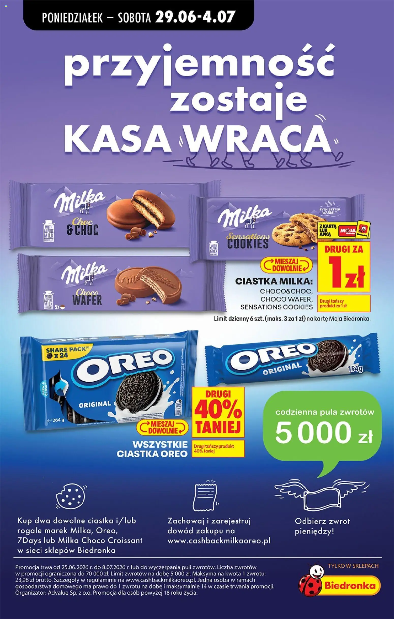 Biedronka gazetka od poniedziałku od 29.06.2026 | Strona: 62 | Produkty: Karta, Milka, Ciastka Oreo, Ciastka