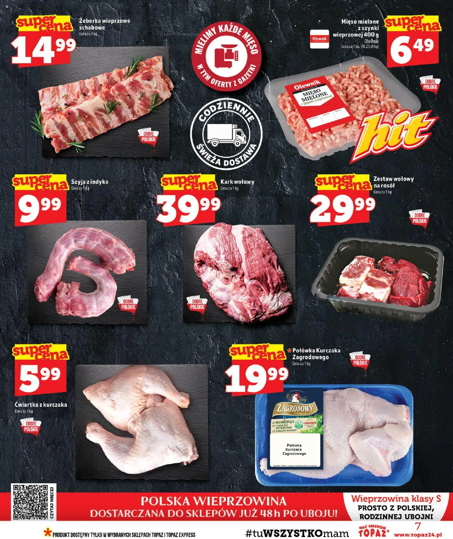 Topaz gazetka - MAZ od 01.10.2026 | Strona: 7 | Produkty: Żeberka, Mięso mielone, Wieprzowina, Ćwiartka z kurczaka