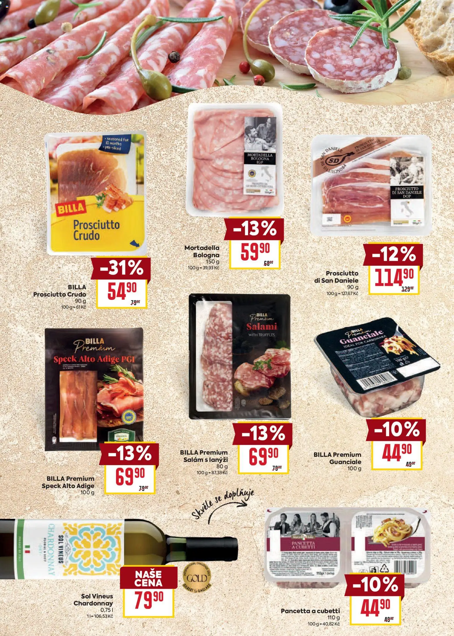 Billa leták - Bohatá chuť středomoří od 20.05.2026 | Strana: 14 | Produkty: Salám, Prosciutto, Guanciale, Crudo