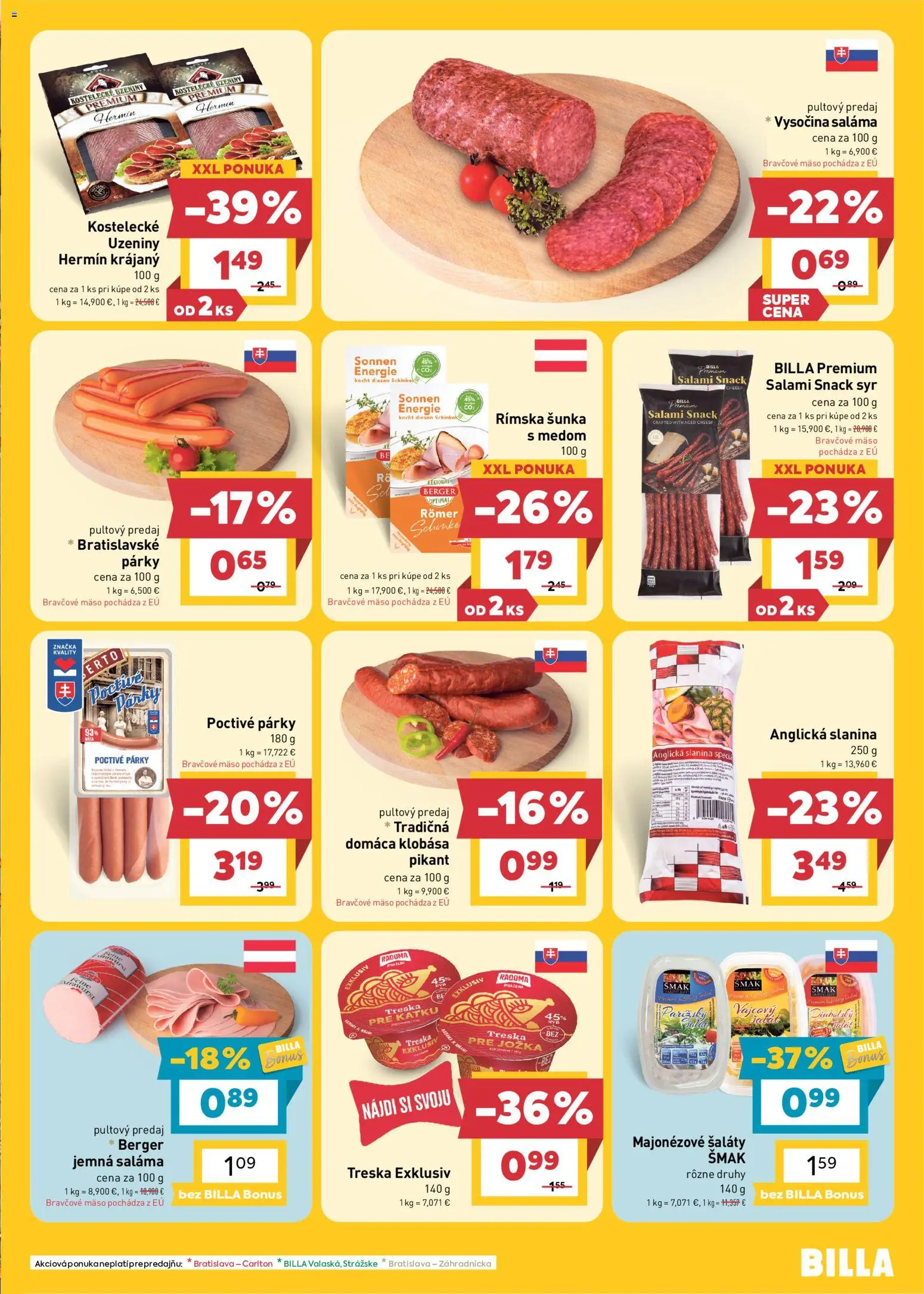 Nové Billa akcie – leták je platný od 23.09.2026 | Strana: 5 | Produkty: Saláma, Slanina, Mäso, Bravčové mäso