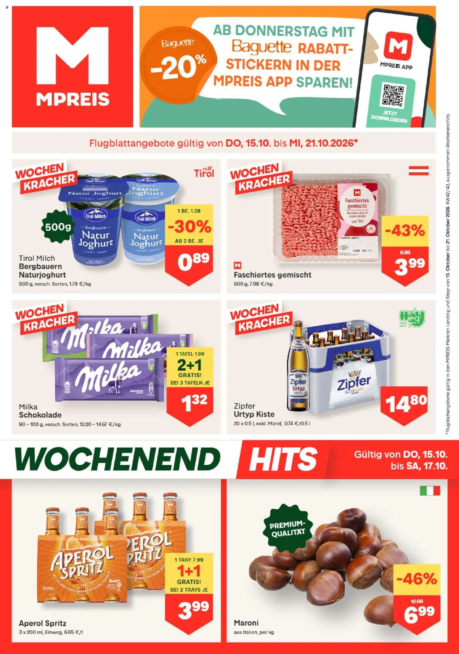 MPREIS Lenzing gültig ab 15.10.2026 | Seite: 1 | Produkte: Aperol, Baguette, Milch, Schokolade