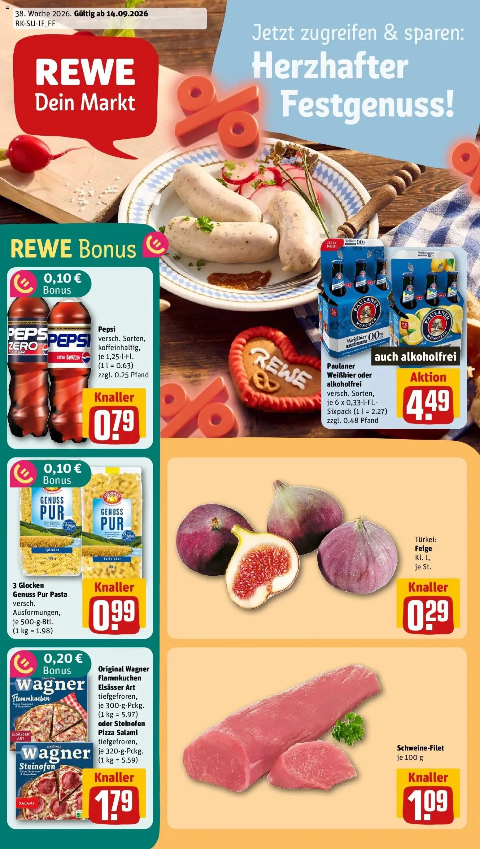 REWE Prospekt ab 14.09.2026 zum Blättern » Angebote | Seite: 1 | Produkte: Zucker, Pasta, Salami, Pizza