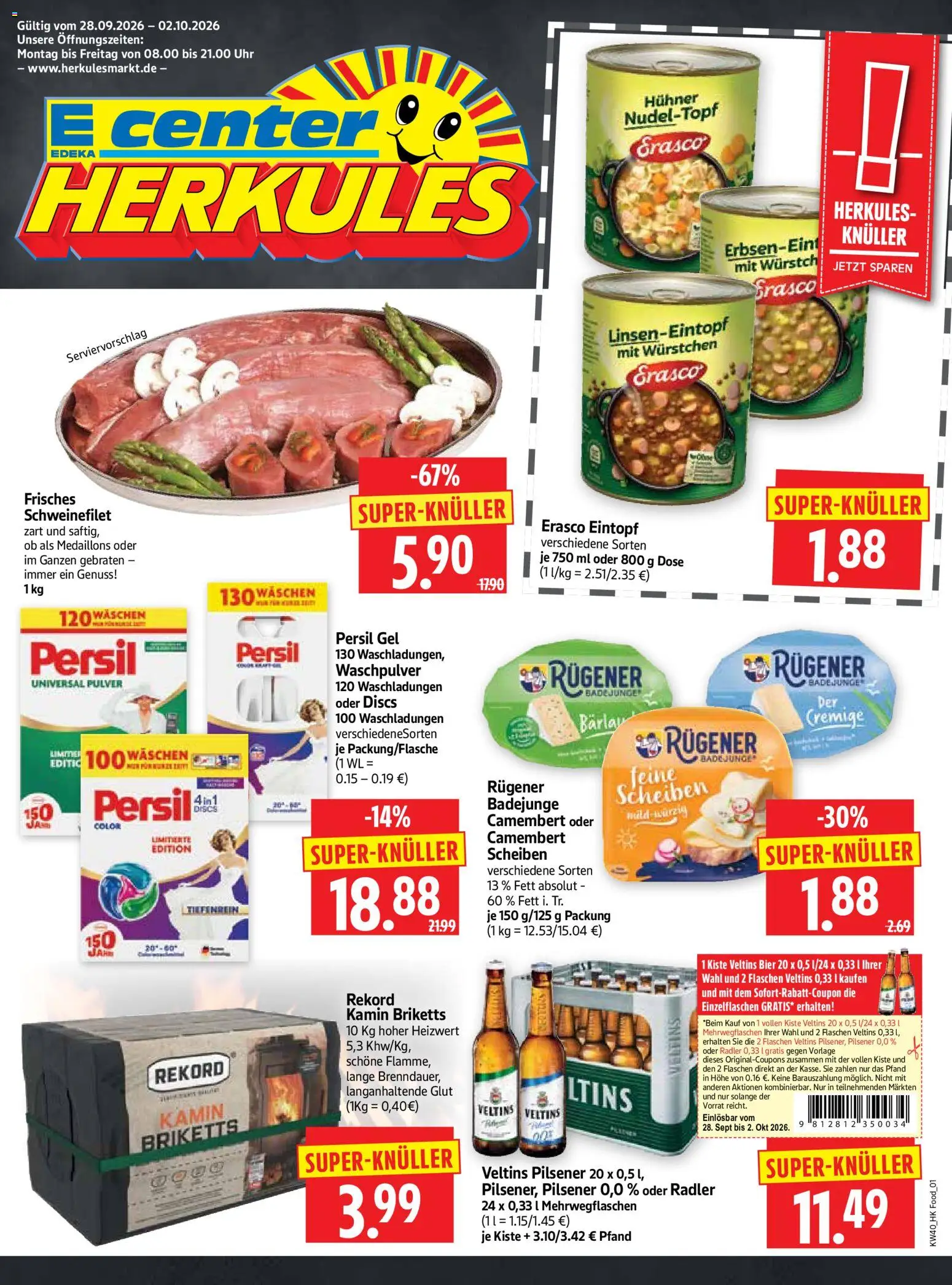 HERKULES Prospekt – gültig ab 28.09.2026 | Seite: 1 | Produkte: Persil gel, Camembert, Waschpulver, Veltins