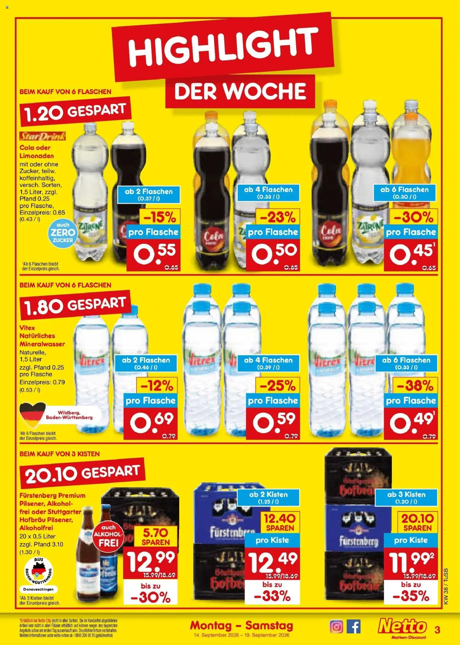 Netto Marken-Discount Prospekt Sindelfingen – gültig ab 14.09.2026 | Seite: 3 | Produkte: Cola, Mineralwasser, Zucker, Zitrone