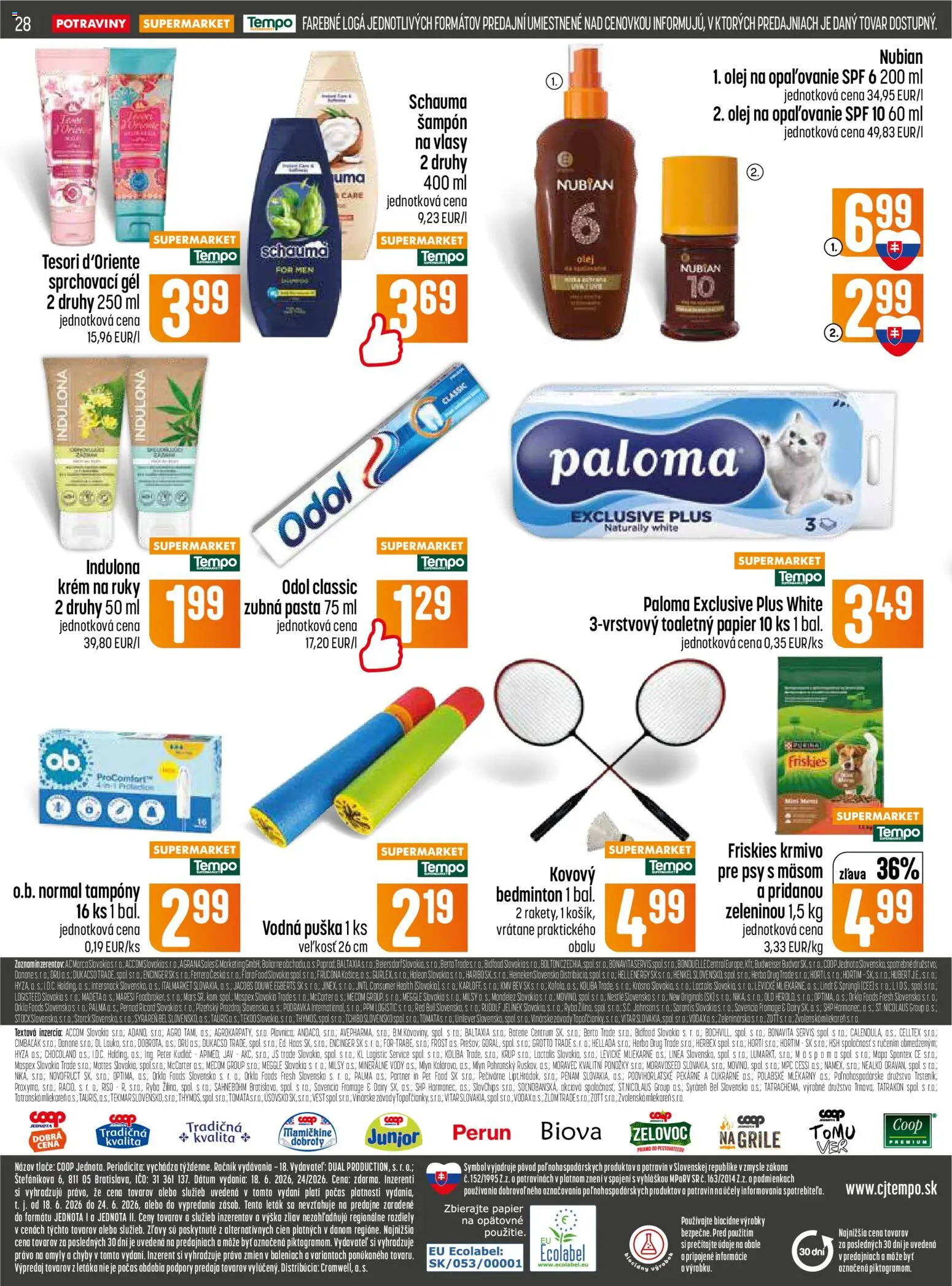Nové COOP Jednota akcie – leták je platný od 18.06.2026 | Strana: 28 | Produkty: Olej, Red Bull, Toaletný papier, Indulona