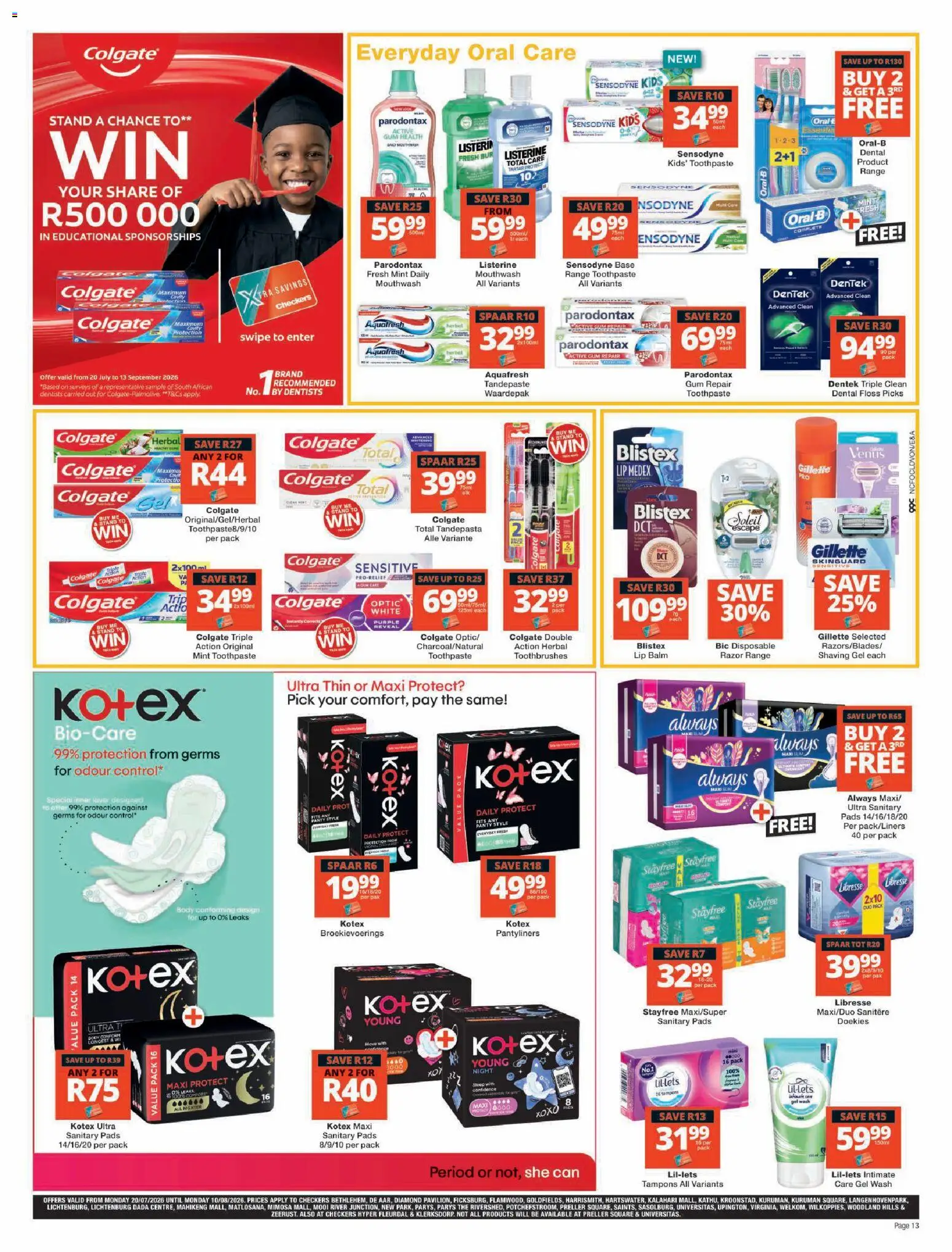 New Checkers catalogue – valid from 20/07/2026 | Page: 13 | Products: Pads, Toothpaste, Mouthwash, Lip balm