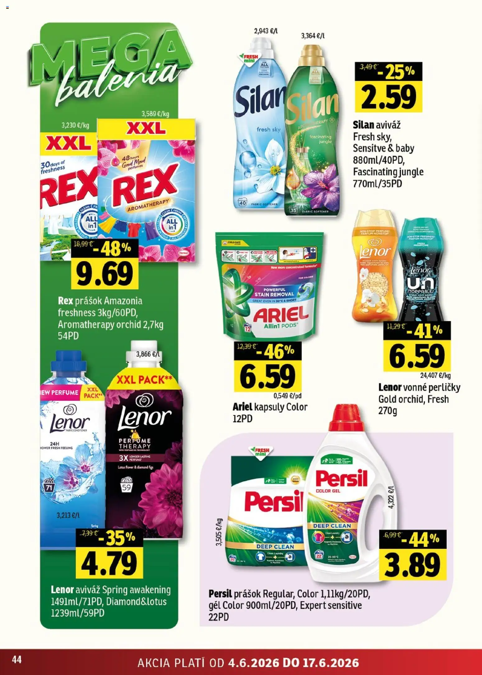 Nové Fresh akcie – leták je platný od 04.06.2026 | Strana: 44 | Produkty: Silan, Aviváž, Ariel, Lenor