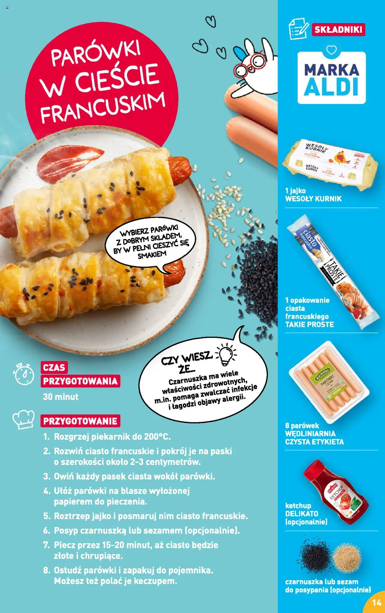 Aldi Gazetka - Przepisy na pyszne śniadanie od 05.08.2024 | Strona: 14 | Produkty: Piekarnik, Ciasto, Parówki z szynki, Sezam