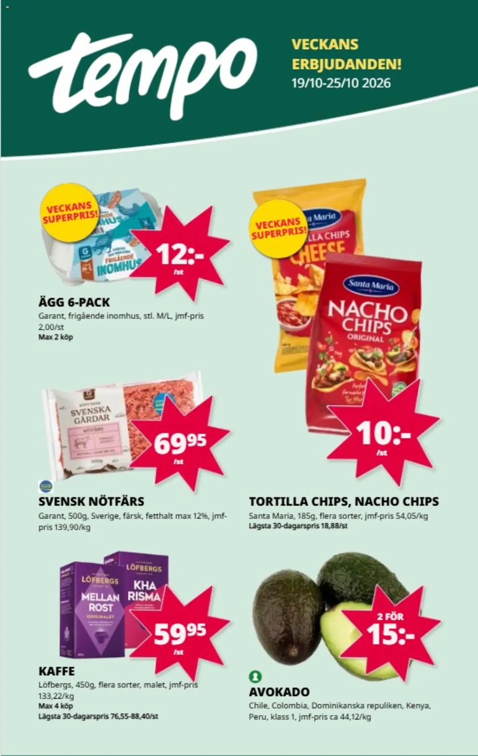 Tempo reklamblad aktuell från 19/10/2026 | Sida: 1 | Produkter: Tortilla, Nötfärs, Avokado, Ägg