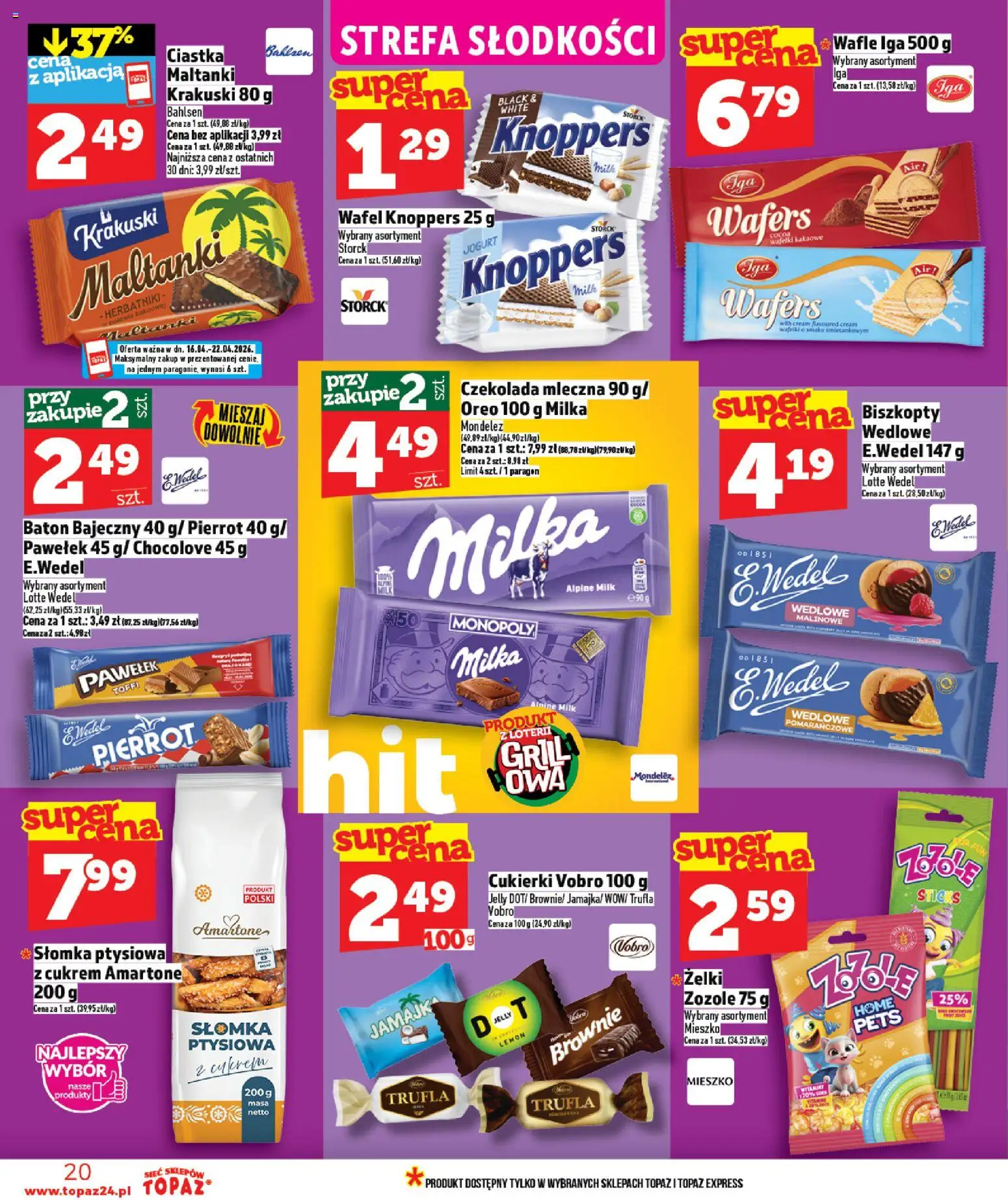 Topaz gazetka - MAZ od 16.04.2026 | Strona: 20 | Produkty: Wafle, Czekolada mleczna, Jogurt, Brownie