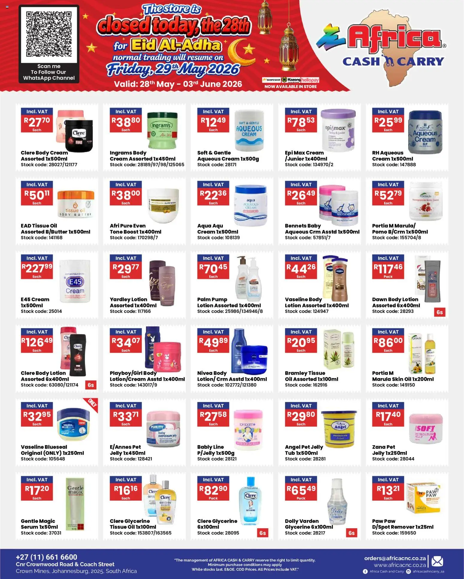 New Africa Cash & Carry catalogue – valid from 28.05.2026 | Page: 6 | Products: Tissue oil, Oil, Stock, Lotion