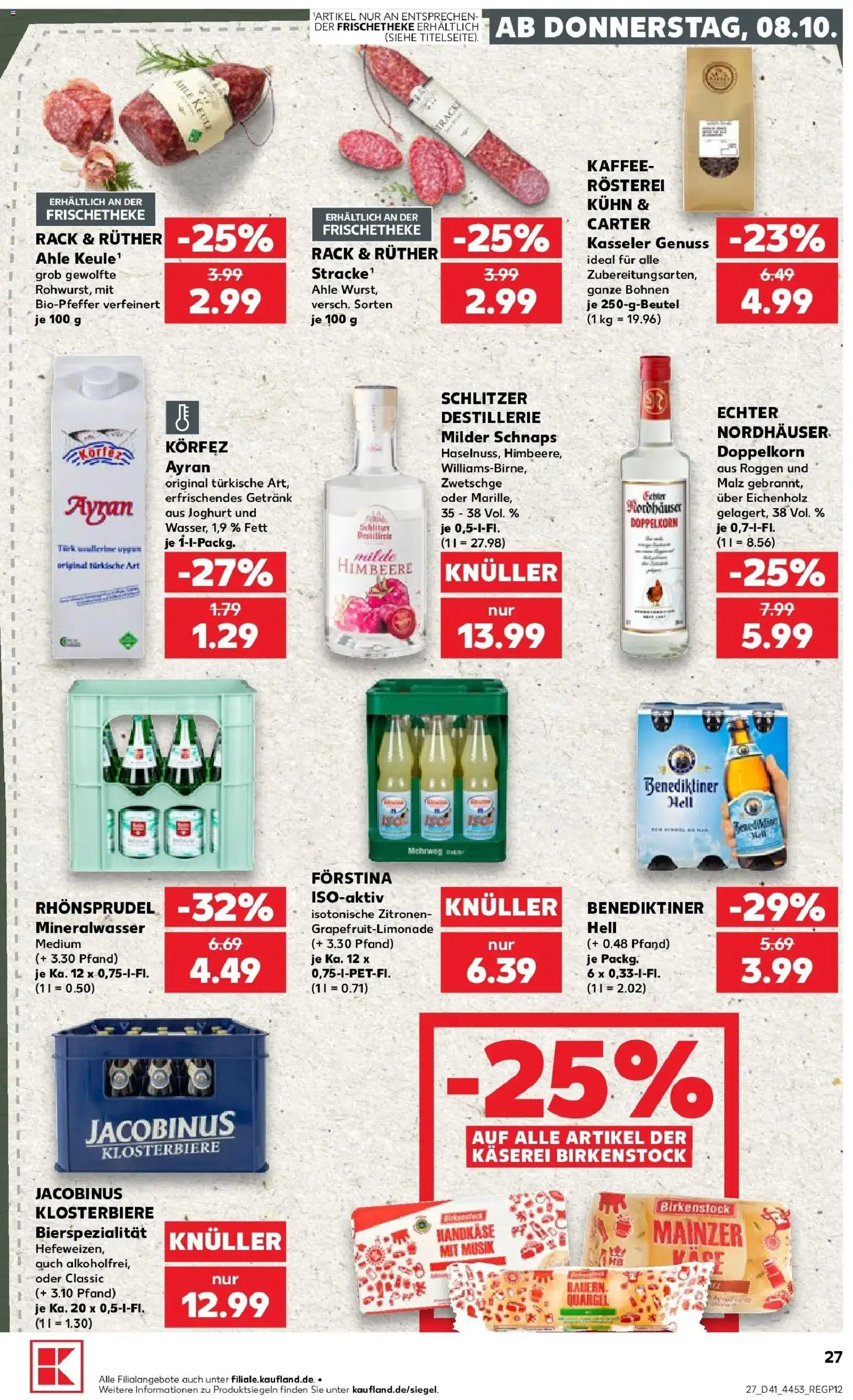 Prospekt Kaufland ab 08.10.2026 » Angebote Online zum Blättern | Seite: 27 | Produkte: Joghurt, Schnaps, Mineralwasser, Rhonsprudel