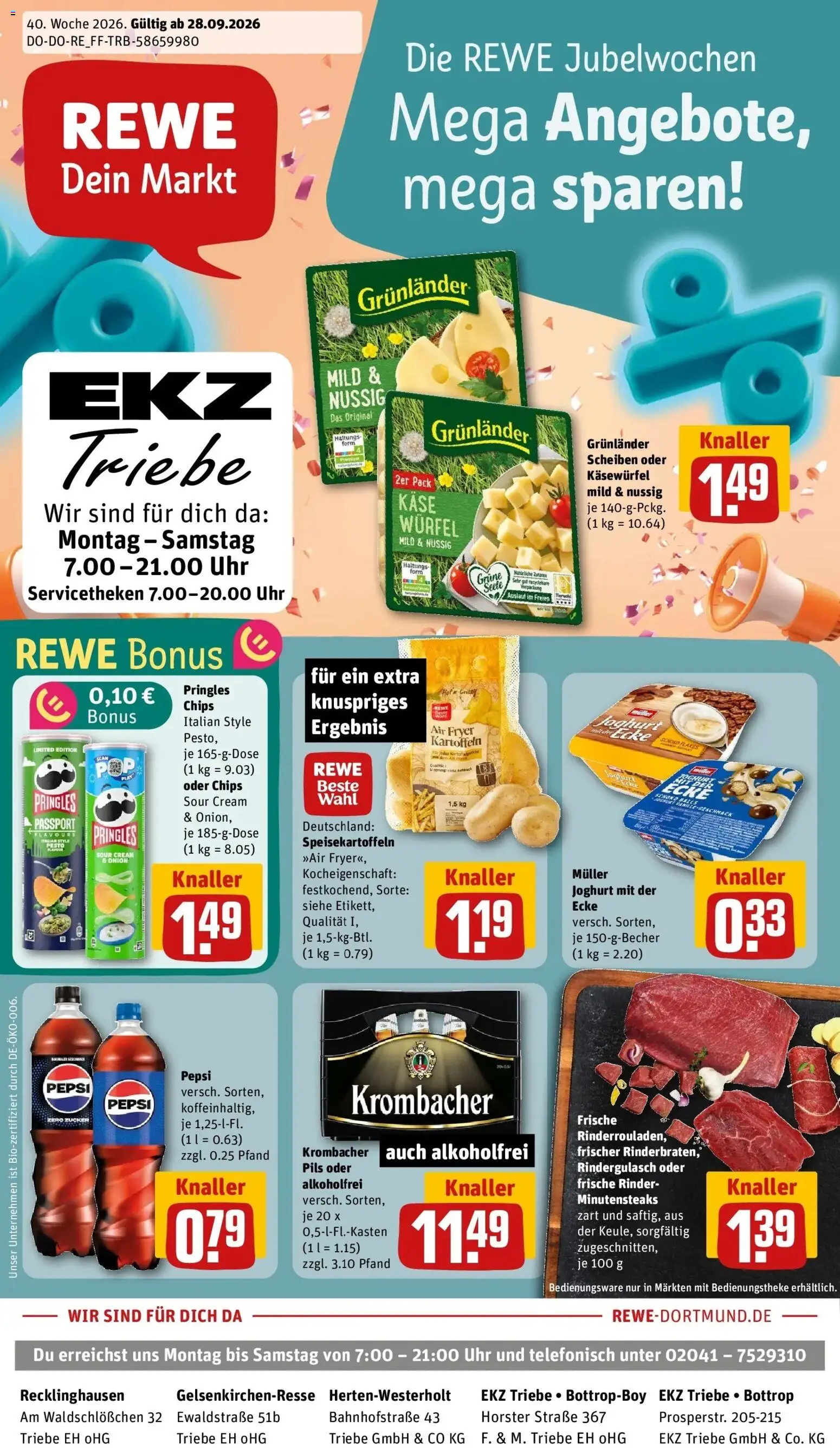 REWE Prospekt ab 28.09.2026 zum Blättern » Angebote | Seite: 1 | Produkte: Joghurt, Zucker, Krombacher, Pepsi