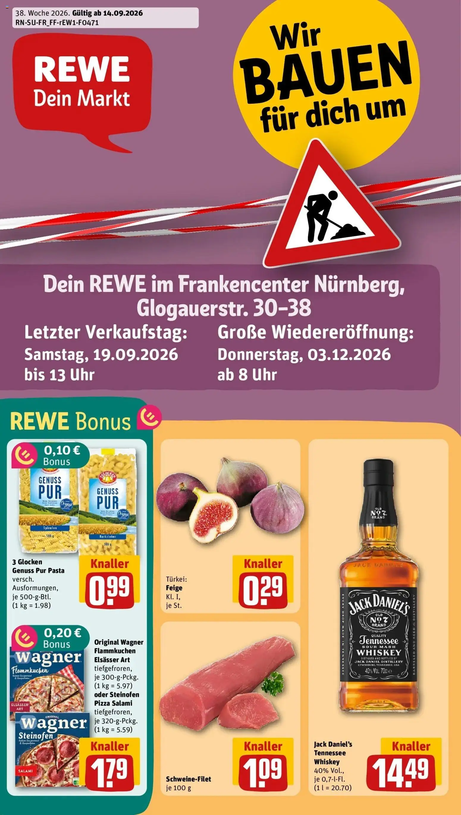 REWE Prospekt ab 14.09.2026 zum Blättern » Angebote | Seite: 1 | Produkte: Pasta, Pizza, Whiskey, Uhr