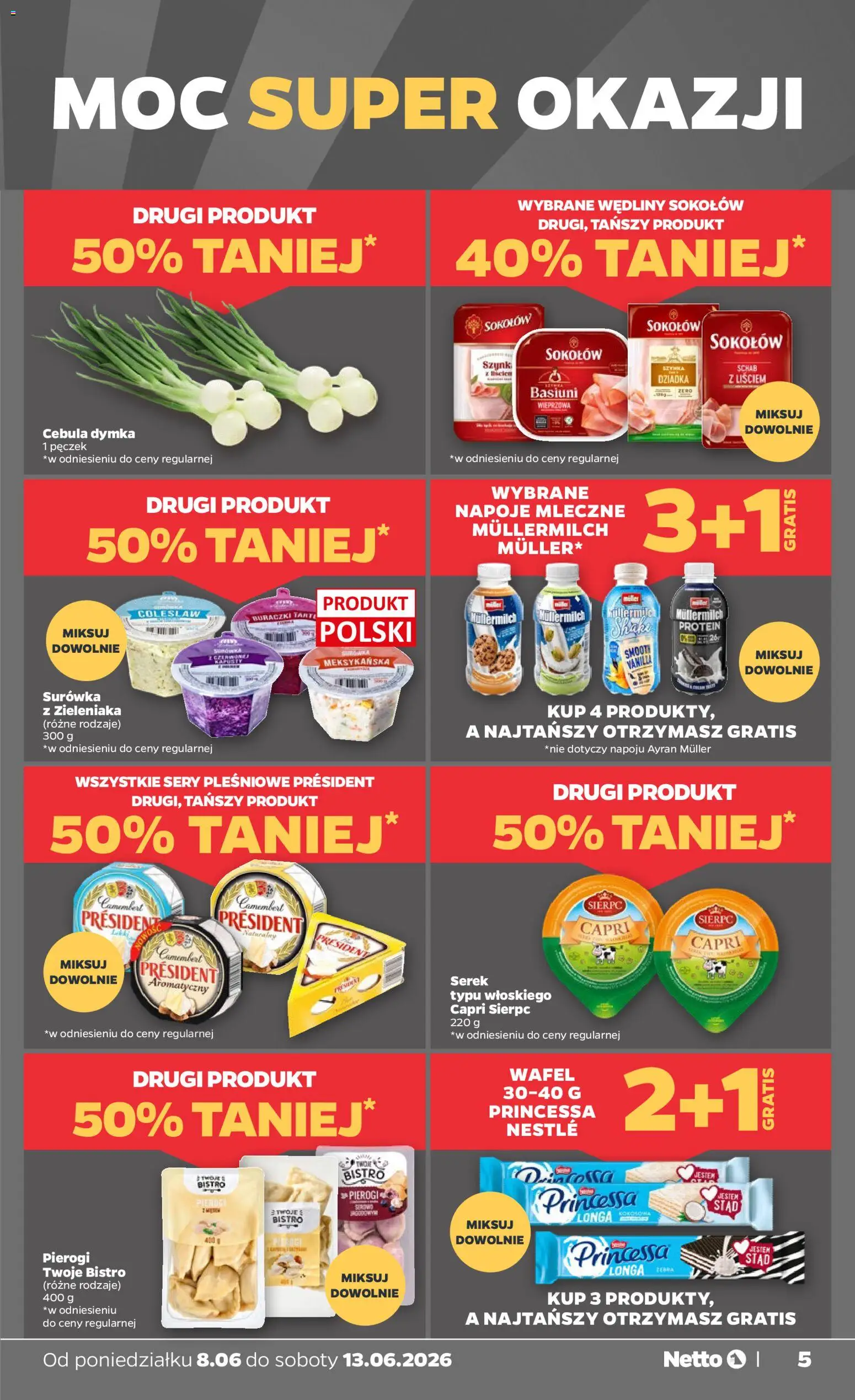 Netto gazetka od poniedziałku spożywcza od 08.06.2026 | Strona: 5 | Produkty: Serek, Pierogi, Camembert, Wędliny
