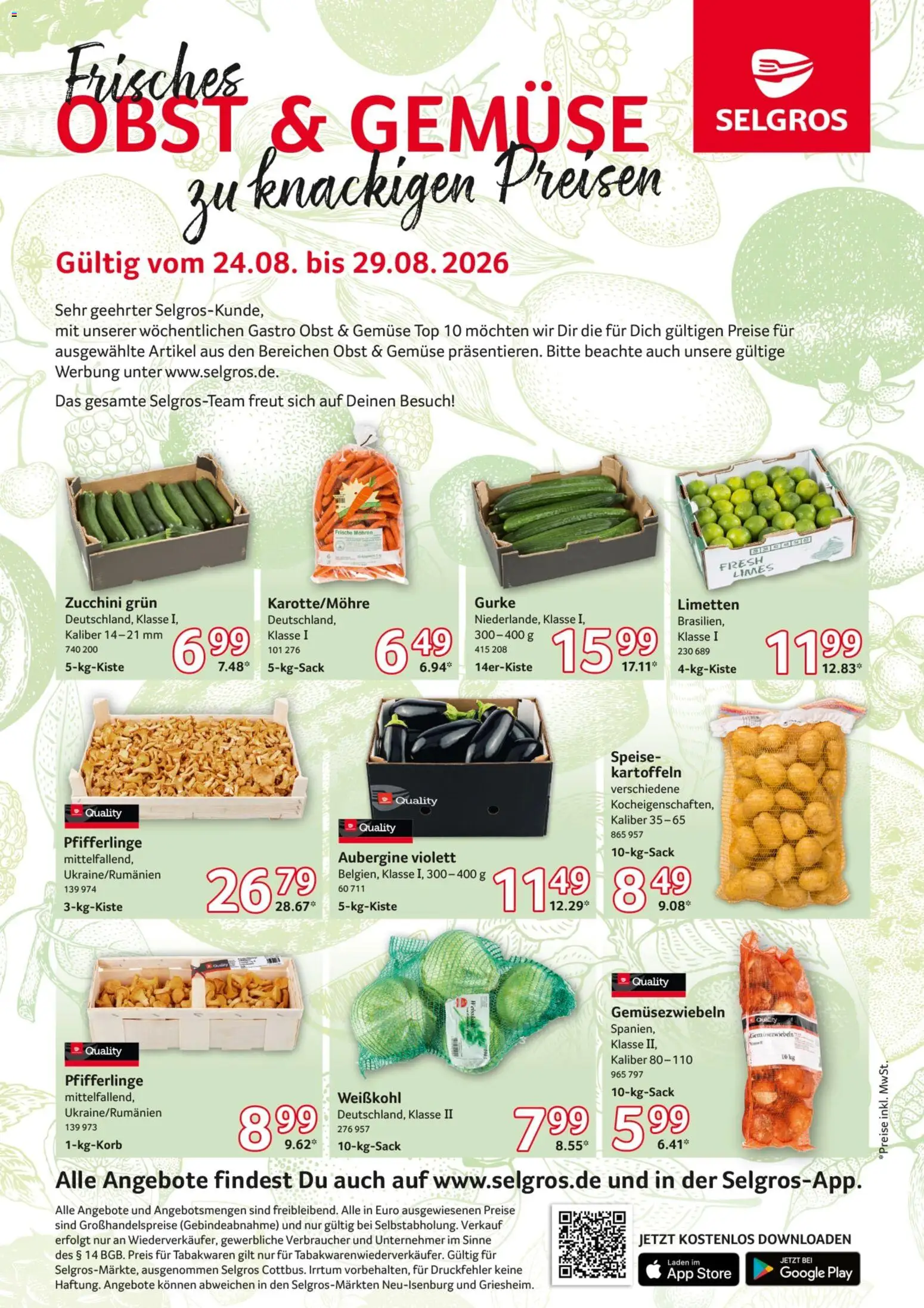 Selgros Obst & Gemüse – gültig ab 24.08.2026 | Seite: 1 | Produkte: Top, Limetten, Obst, Zucchini