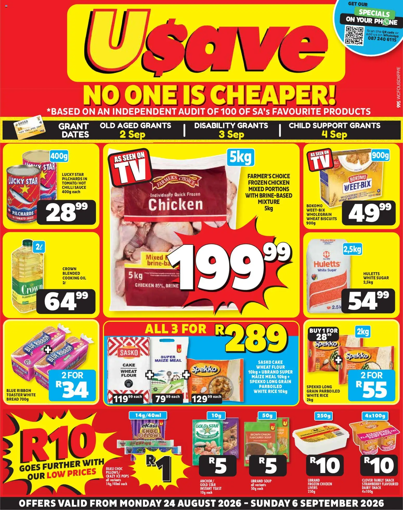 New Usave catalogue – valid from 24/08/2026 | Page: 1 | Products: Phone, Frozen chicken, Oil, Sugar