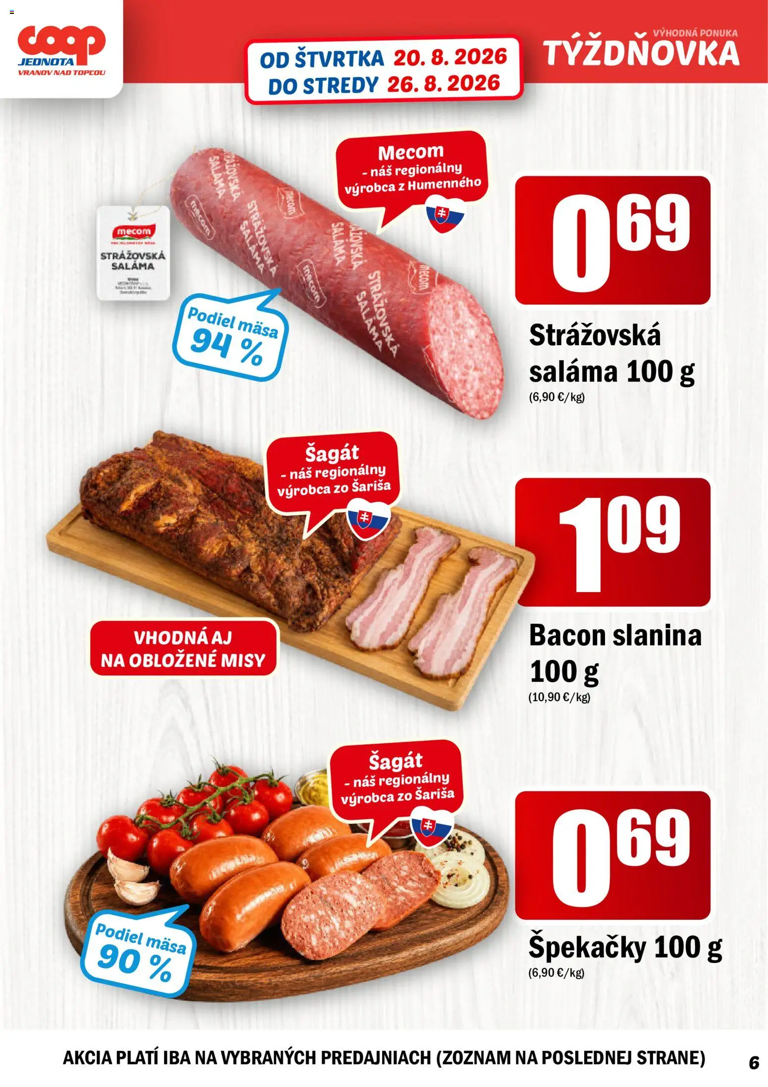 Nové COOP Jednota akcie – leták je platný od 20.08.2026 | Strana: 6 | Produkty: Saláma, Slanina