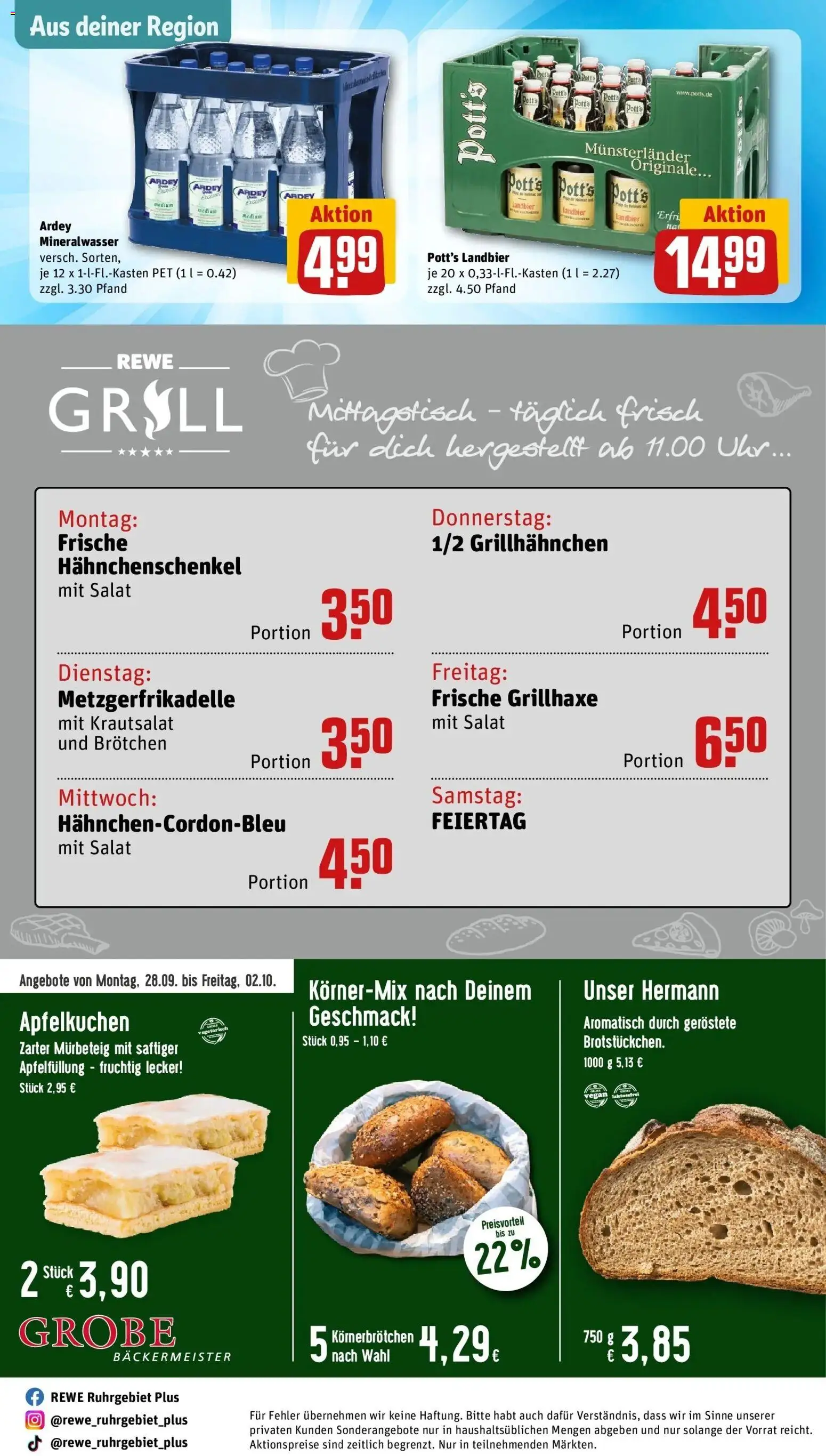 REWE Prospekt ab 28.09.2026 zum Blättern » Angebote | Seite: 38 | Produkte: Grill, Hahnchenschenkel, Mineralwasser, Salat