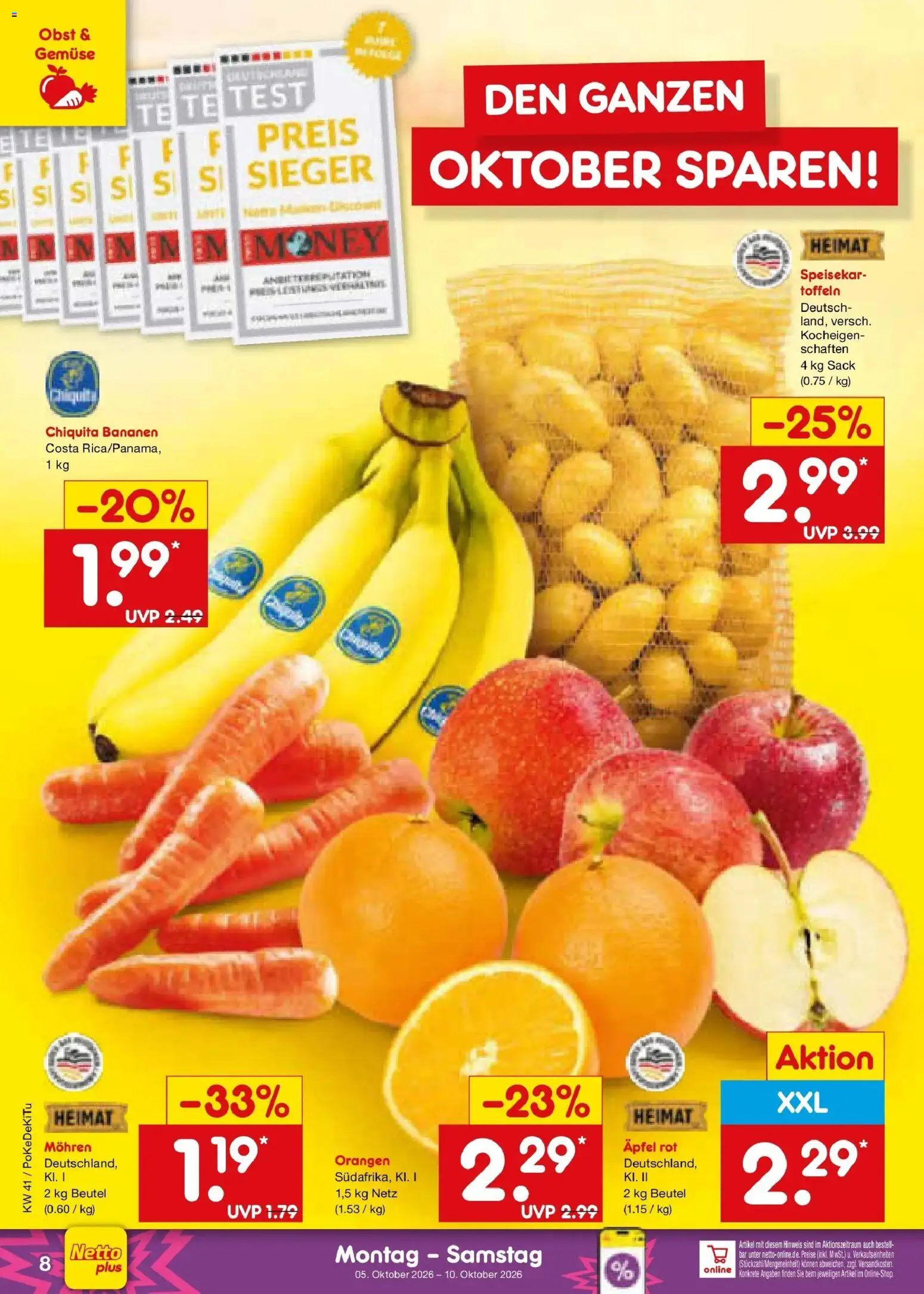 Netto Marken-Discount Prospekt Nürnberg – gültig ab 05.10.2026 | Seite: 8 | Produkte: Äpfel, Bananen, Mohren, Gemüse