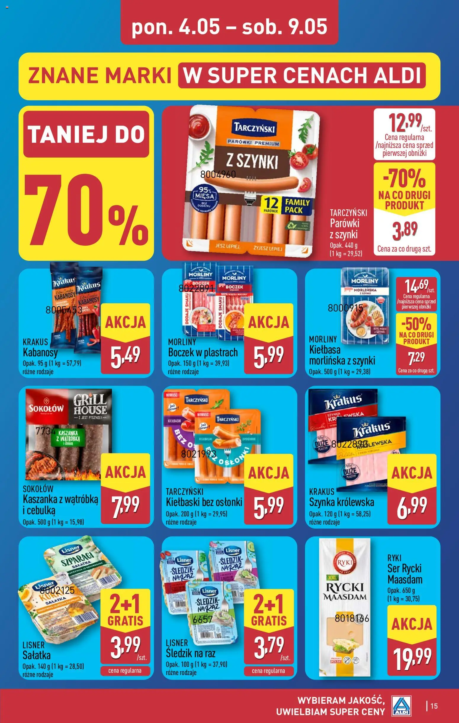 Aldi gazetka od 04.05.2026 | Strona: 15 | Produkty: Parówki z szynki, Kaszanka, Szynka, Sałatka