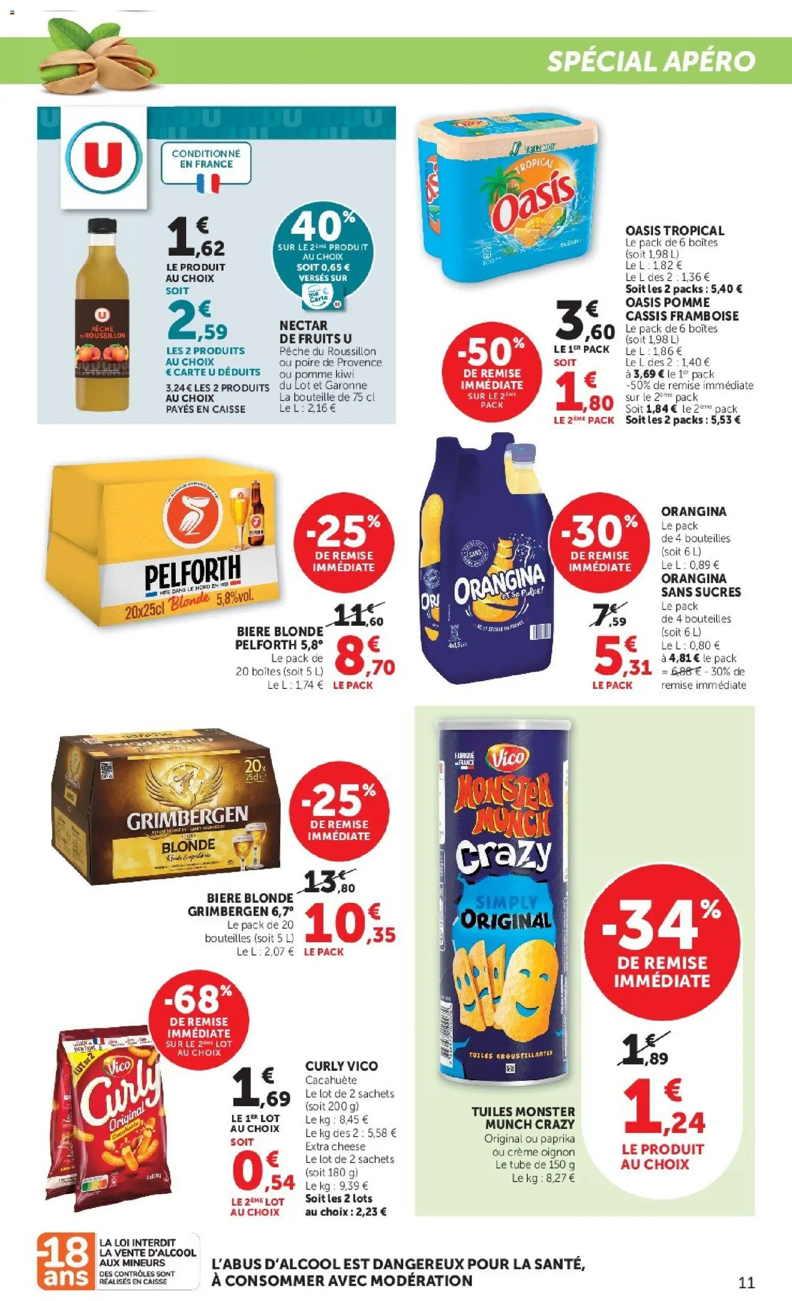 {H1} | Page: 11 | Produits: Bière blonde, Oasis tropical, Bouteille, Crème