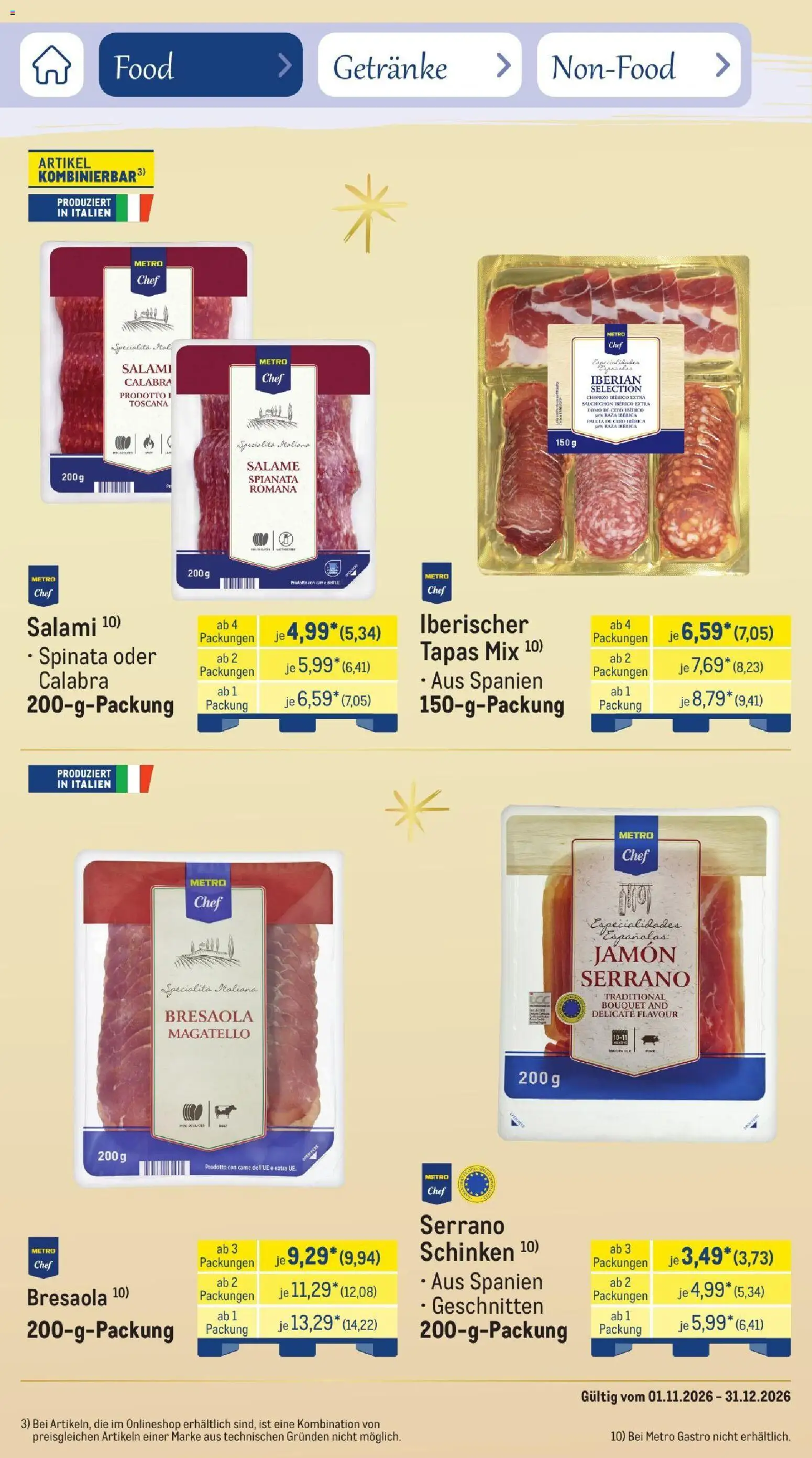 Metro Saisonkatalog Festtage voller Genuss – gültig ab 01.11.2026 | Seite: 12 | Produkte: Salami, Schinken