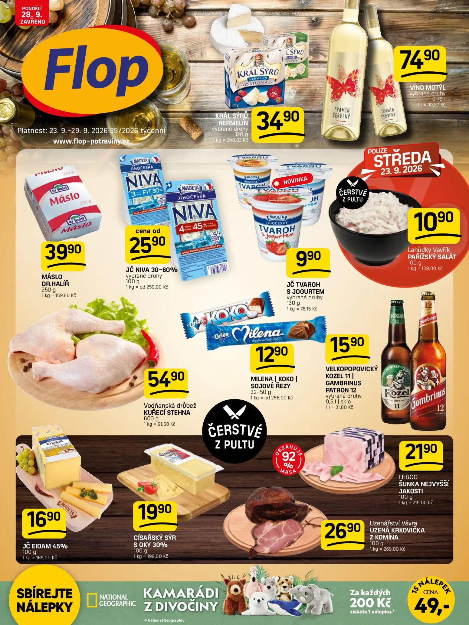 Flop leták od 23.09.2026 | Strana: 1 | Produkty: Drůbež, Nálepky, Kozel 11, Víno Motýl