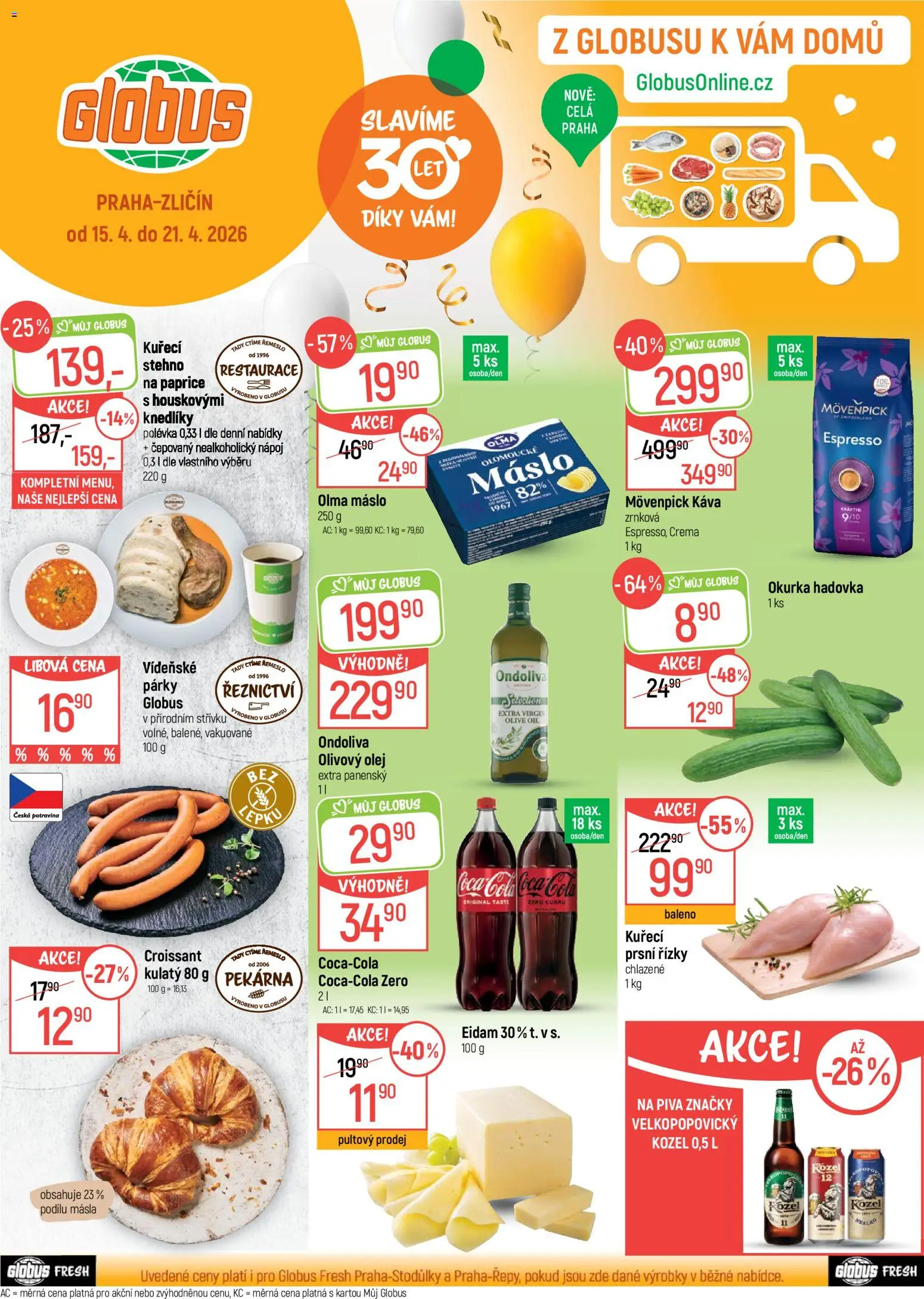 Globus leták - Praha Zličín od 15.04.2026 | Strana: 1 | Produkty: Káva, Párky, Kozel, Okurka