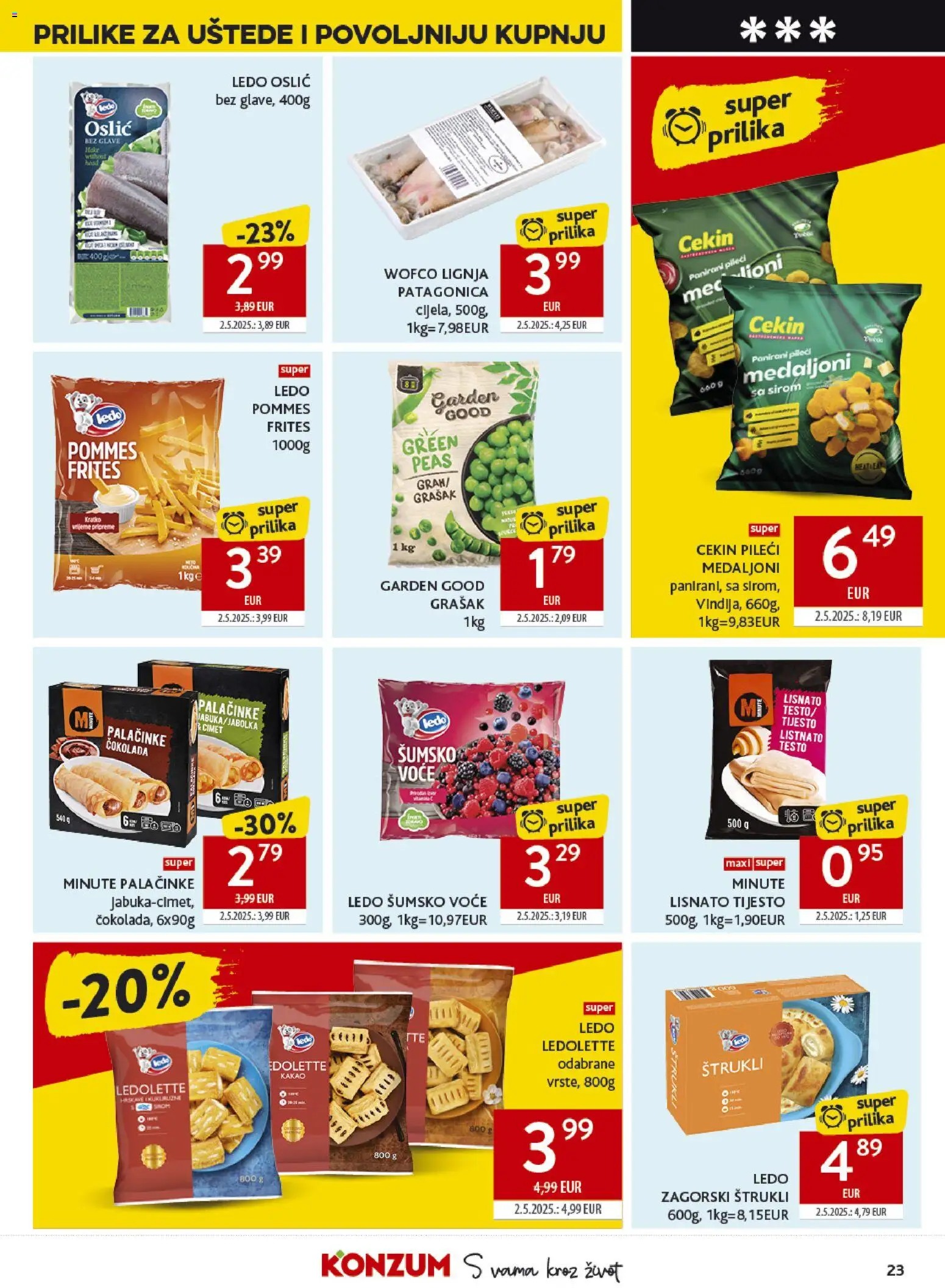 Konzum katalog | vrijedi od 15.04.2026 | Stranica: 23 | Proizvodi: Pileći medaljoni, Čokolada, Grašak, Lignja Patagonica