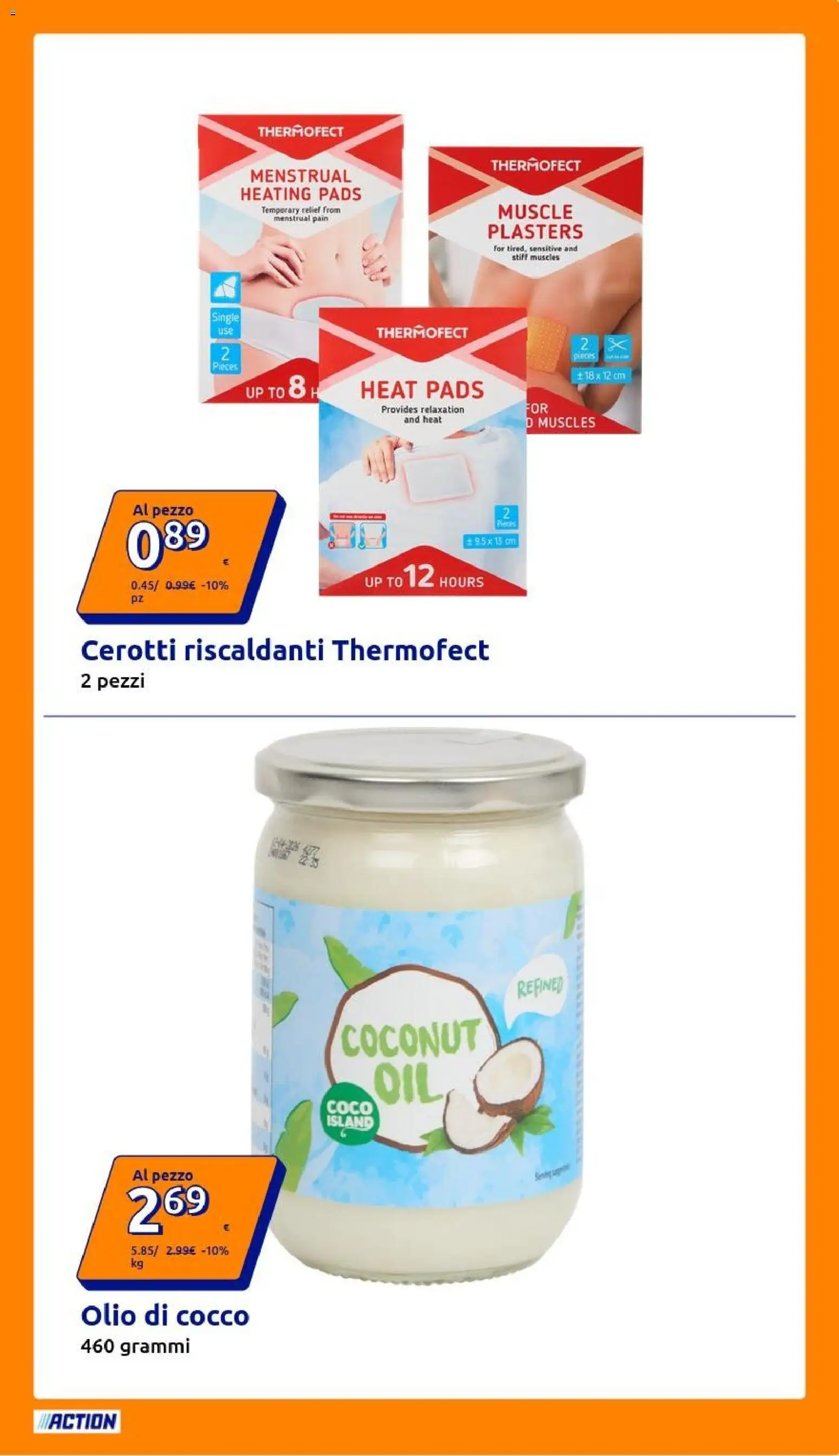 Volantino Action del 07/10/2026 | Pagina: 9 | Prodotti: Cerotti riscaldanti, Cerotti, Olio, Cocco