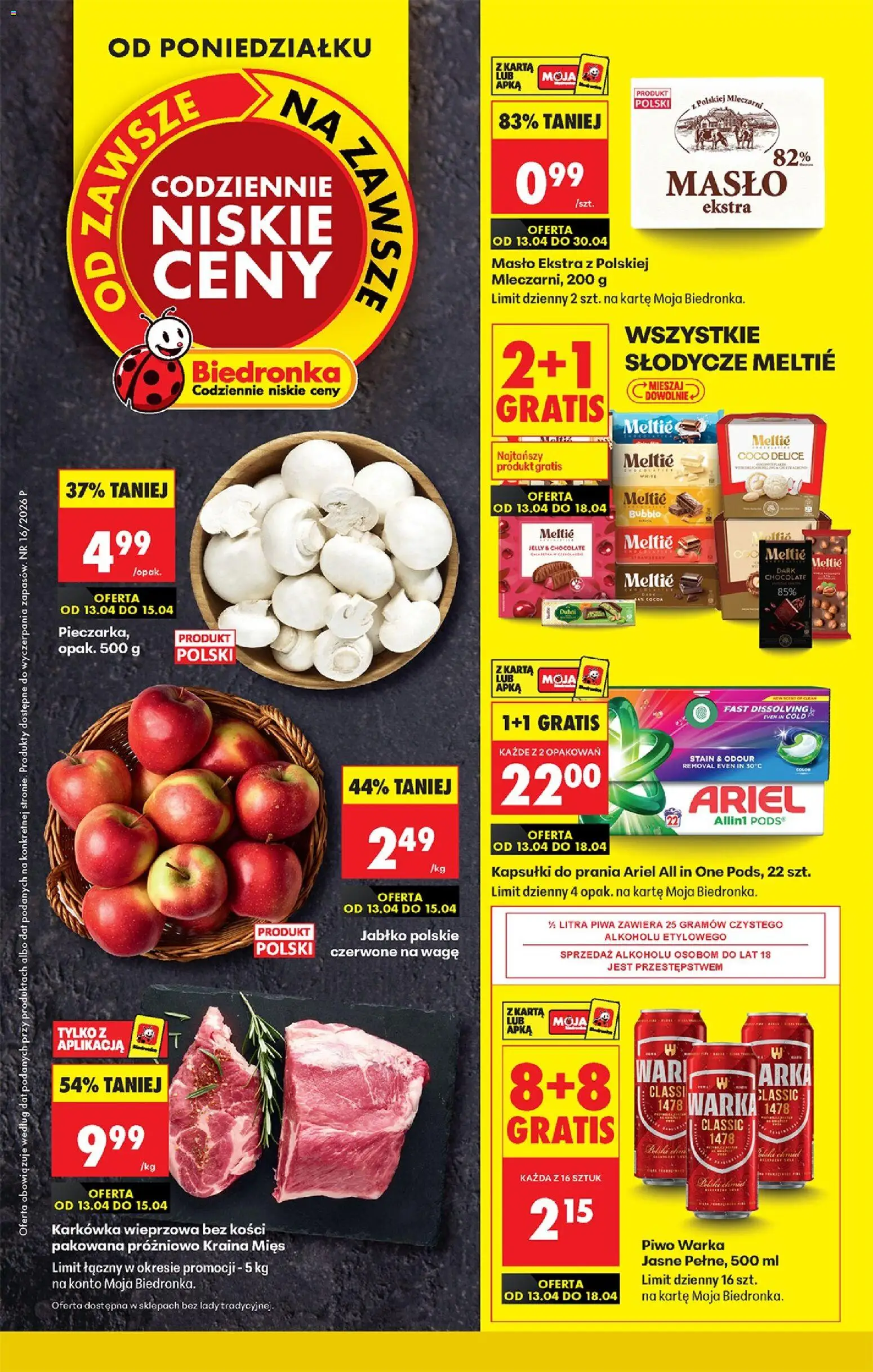 Biedronka gazetka od poniedziałku od 13.04.2026 | Strona: 1 | Produkty: Karta, Karkówka wieprzowa, Kapsułki do prania, Detergent