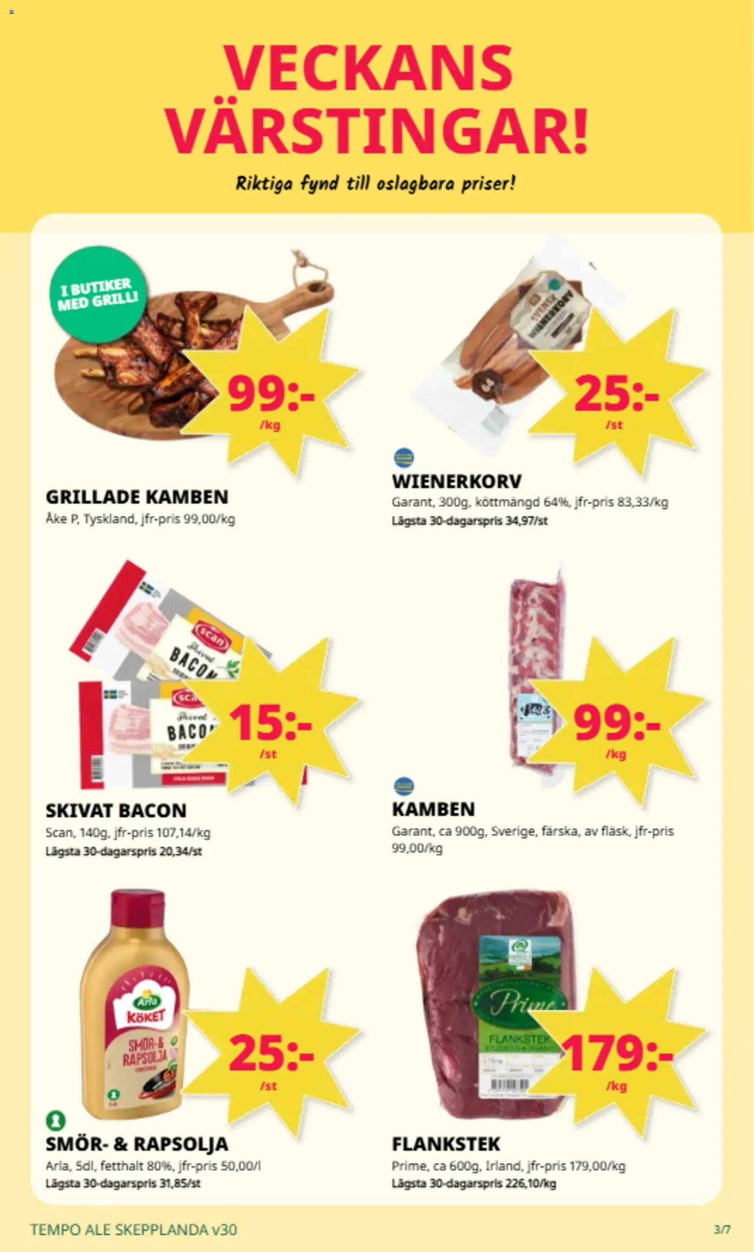Tempo reklamblad aktuell från 20/07/2026 | Sida: 3 | Produkter: Grill, Bacon, Rapsolja, Wienerkorv