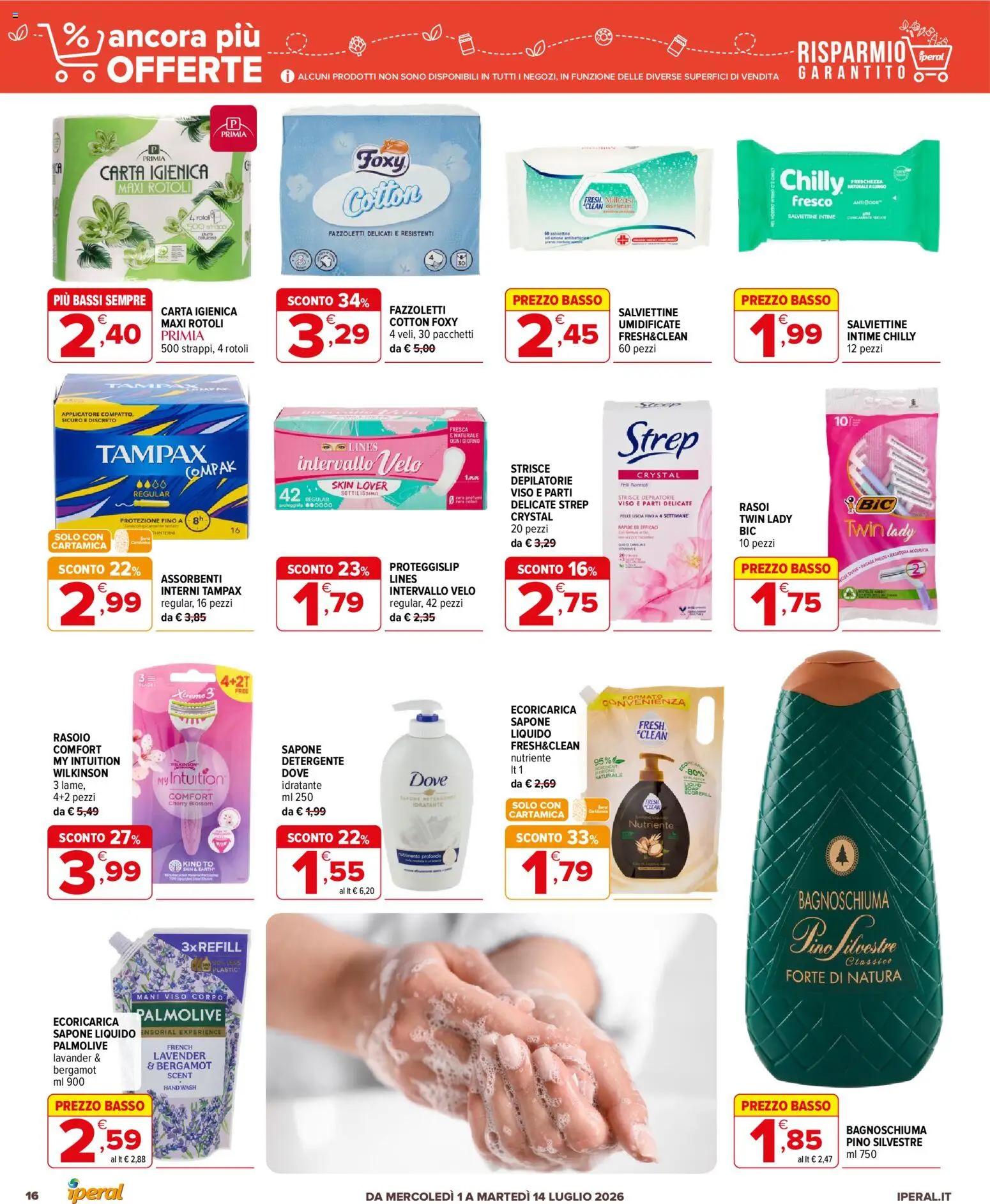 Volantino Iperal del 01/07/2026 | Pagina: 16 | Prodotti: Rasoio, Carta igienica, Sapone, Detergente