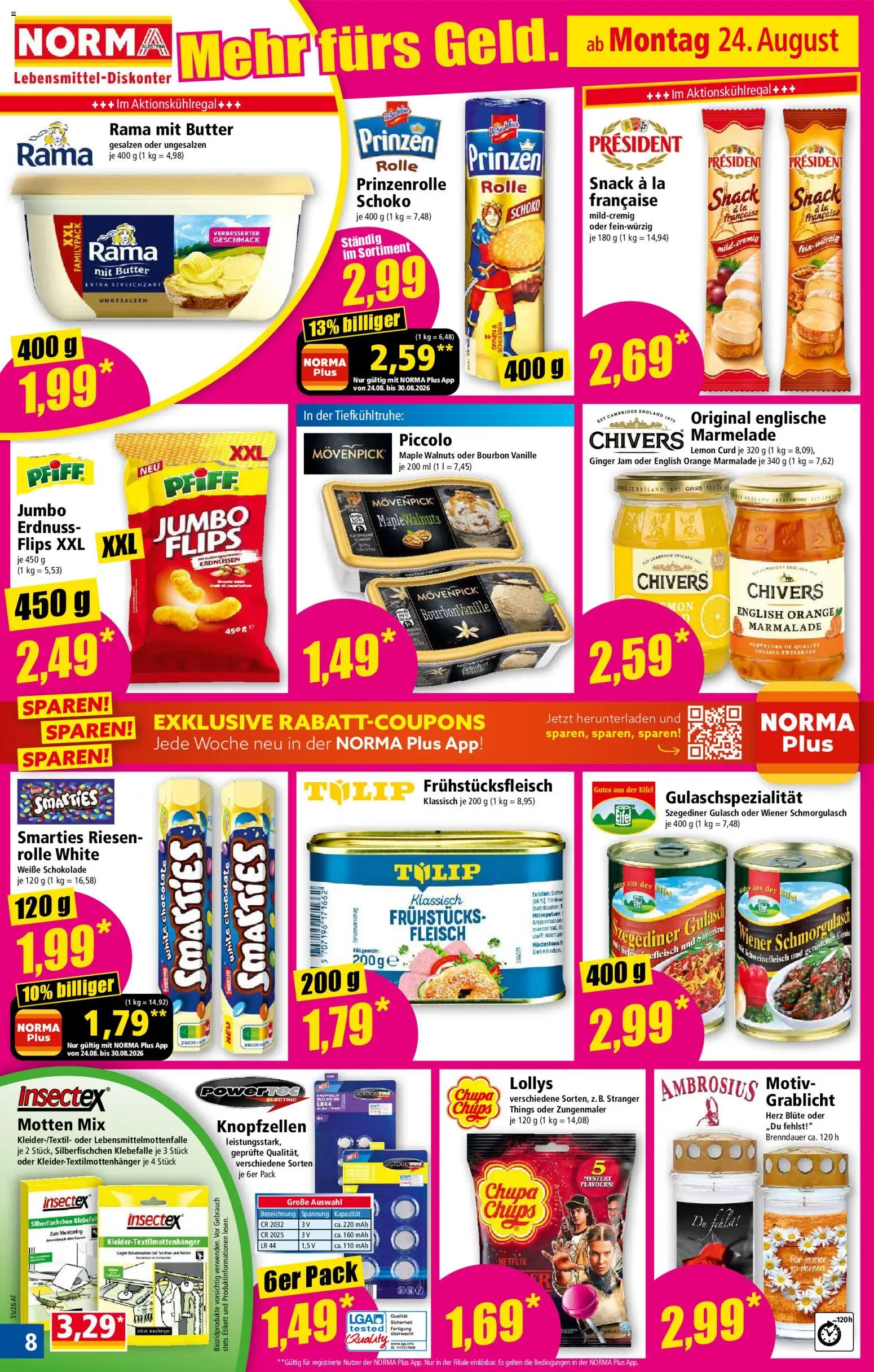 Norma Flugblatt gültig ab 24.08.2026 | Seite: 8 | Produkte: Chips, Zutaten, Butter, Schweinefleisch