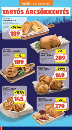 FAHÉJAS CSIGA, frissen sütött pékáru, 100 g/darab - amely érvényes a következő dátumtól: 03.05.2026 | Oldal: 2 | Termékek: Túrós táska, Táska, Párna