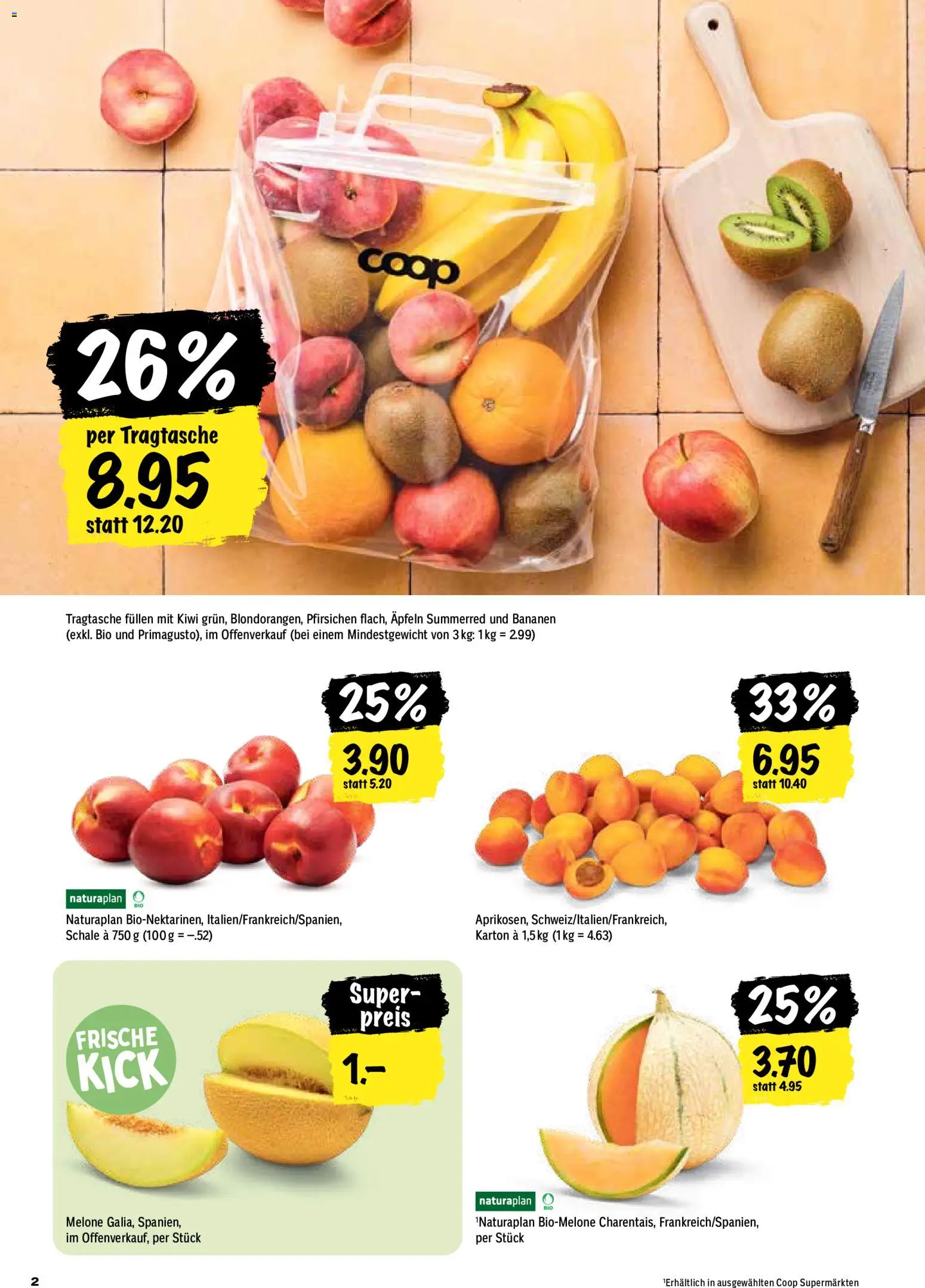 Coop aktionen – gültig ab 13.08.2026 | Seite: 2 | Produkte: Bananen, Kiwi, Melone