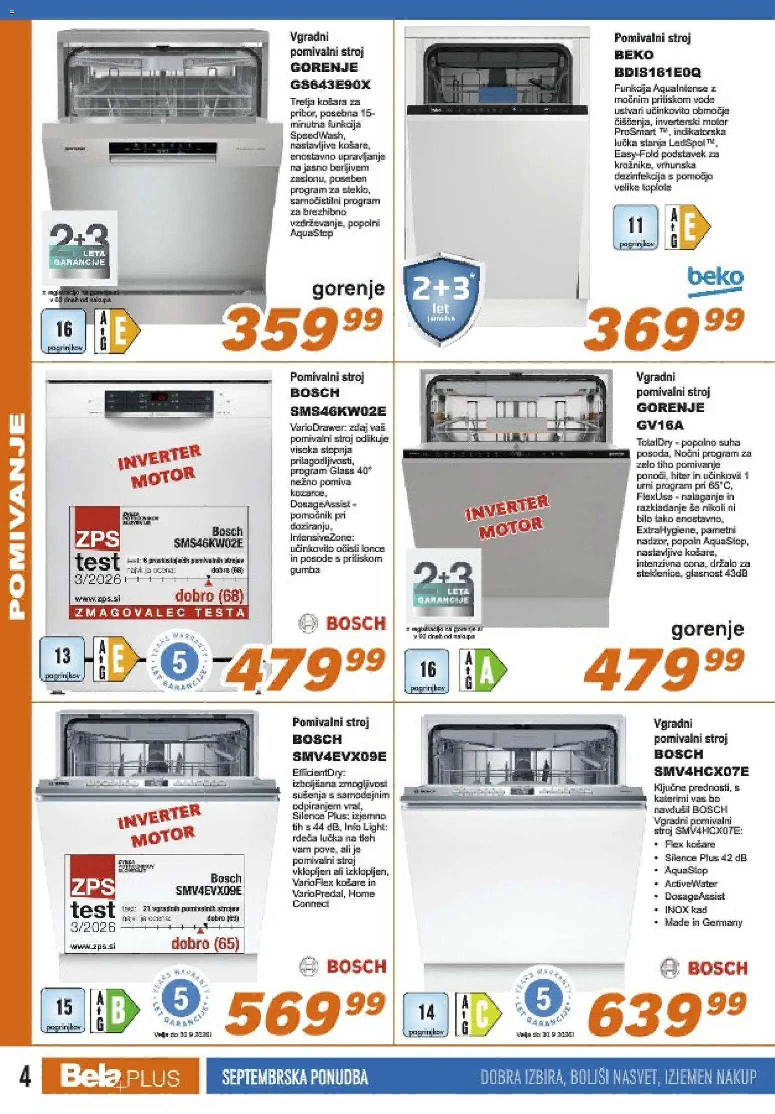 Novi Bela plus katalog ponudbe – veljaven od 16.09.2026 | Stran: 4 | Izdelki: Pomivalni stroj, Košara, Vgradni pomivalni stroj, Voda