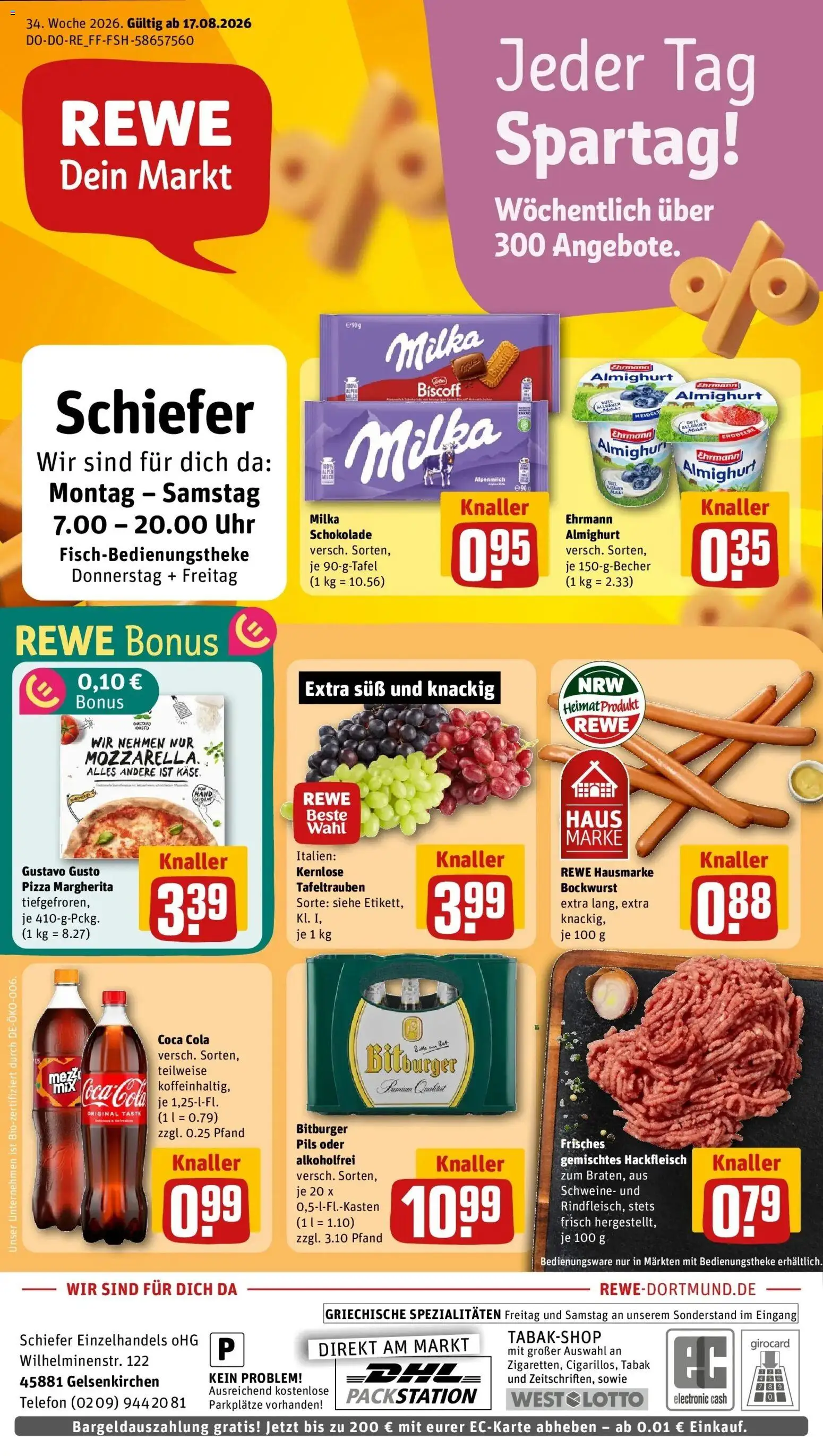 REWE Prospekt ab 17.08.2026 zum Blättern » Angebote | Seite: 1 | Produkte: Coca cola, Cola, Milka, Telefon